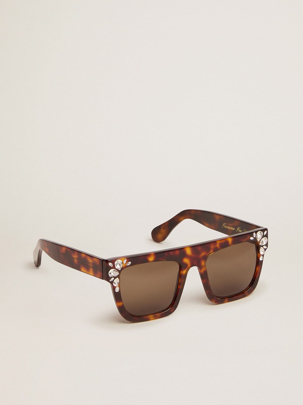 Square-style Sunframe Jamie with Havana brown frame and teardrop crystals