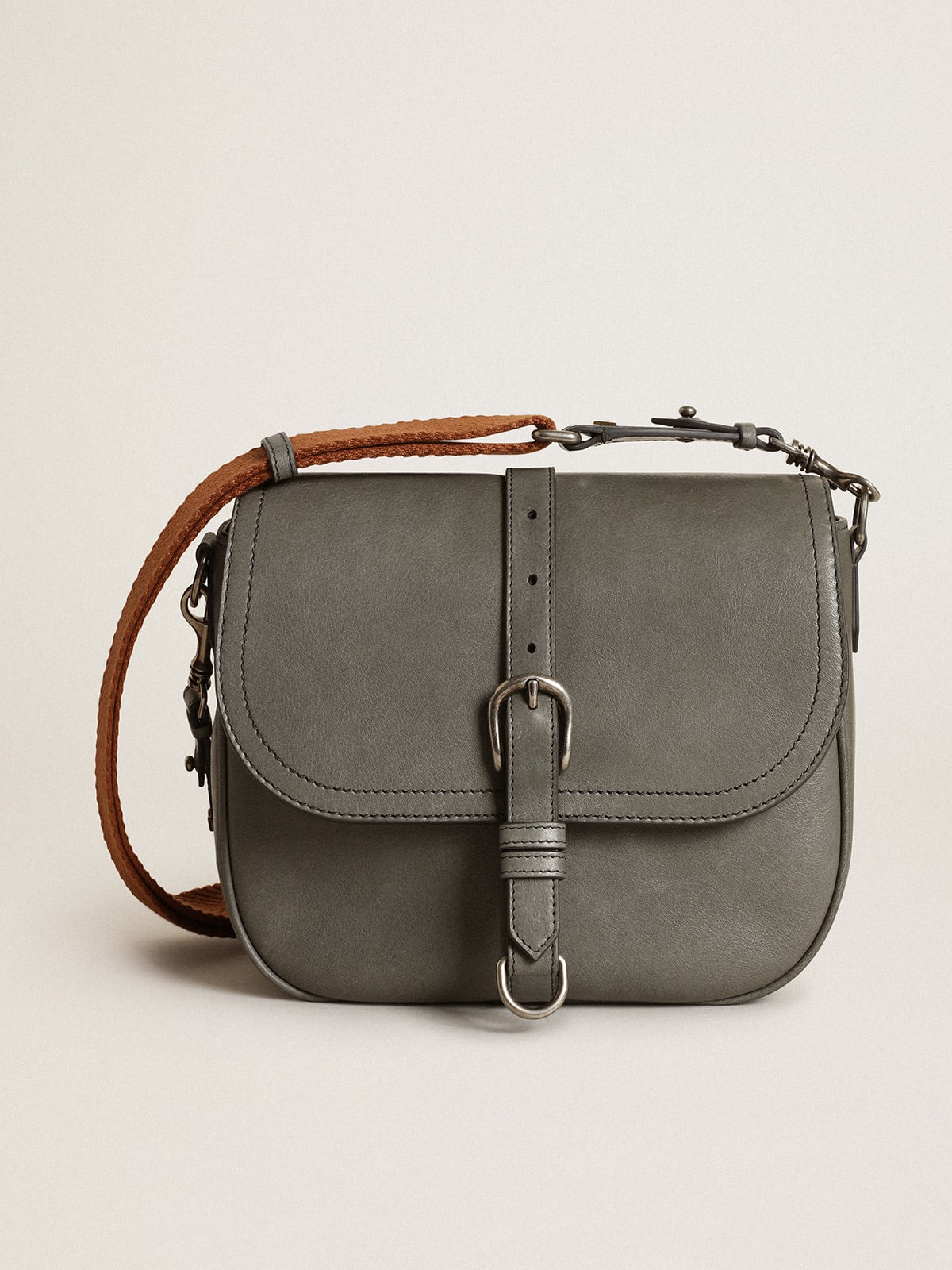 Medium Sally Bag in stone-gray leather with contrasting buckle and shoulder strap