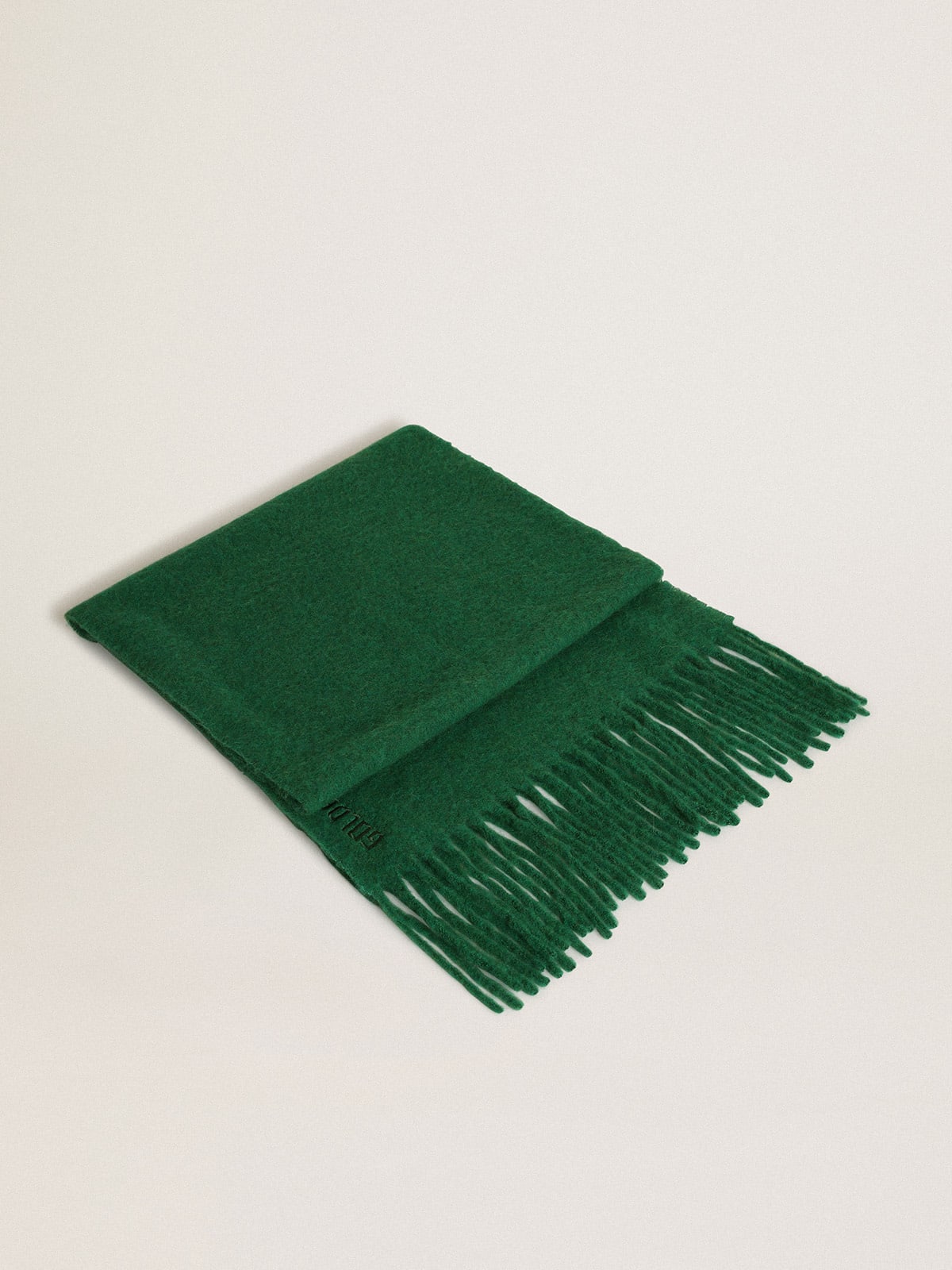 Dark green wool scarf with fringing and tone-on-tone 'Golden' lettering