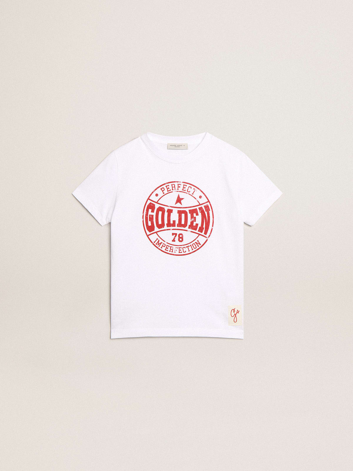 Boys' white T-shirt with printed red logo in the center