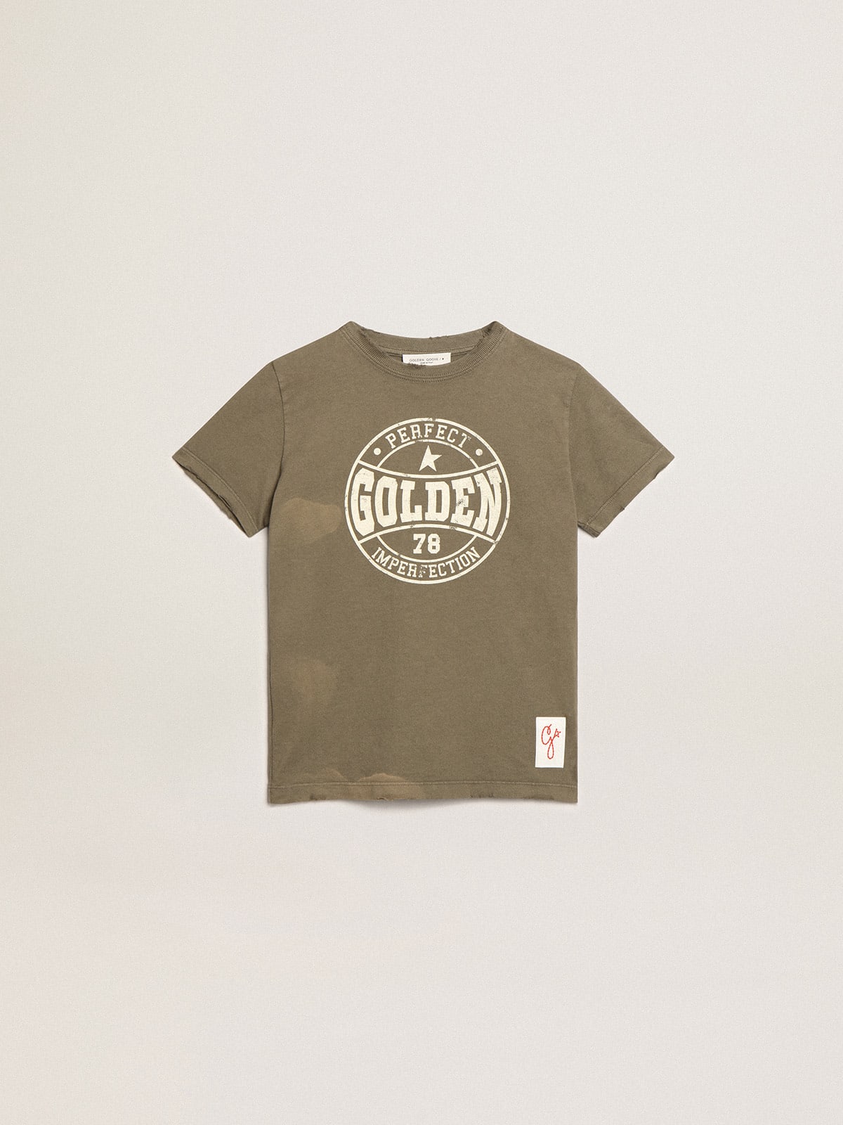 Boys' olive-green T-shirt with printed white logo in the center
