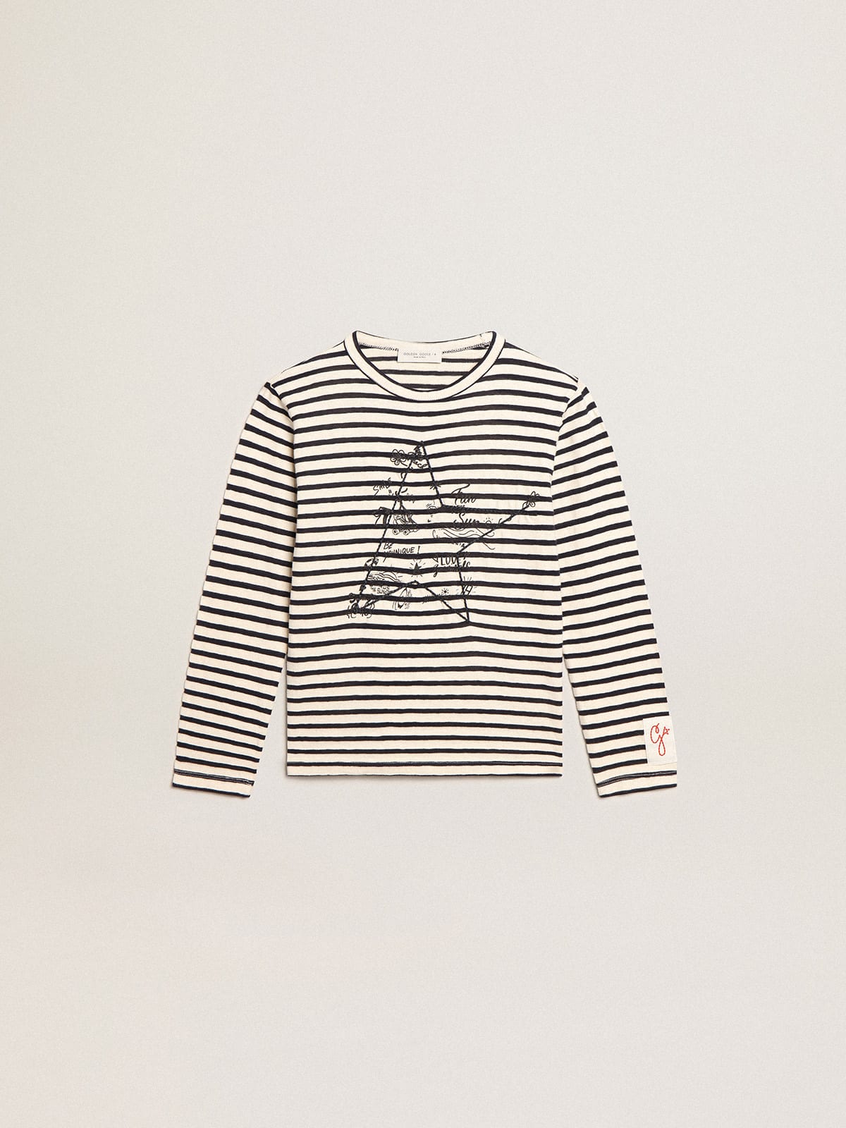Boys' T-shirt with white and blue stripes and embroidery on the front