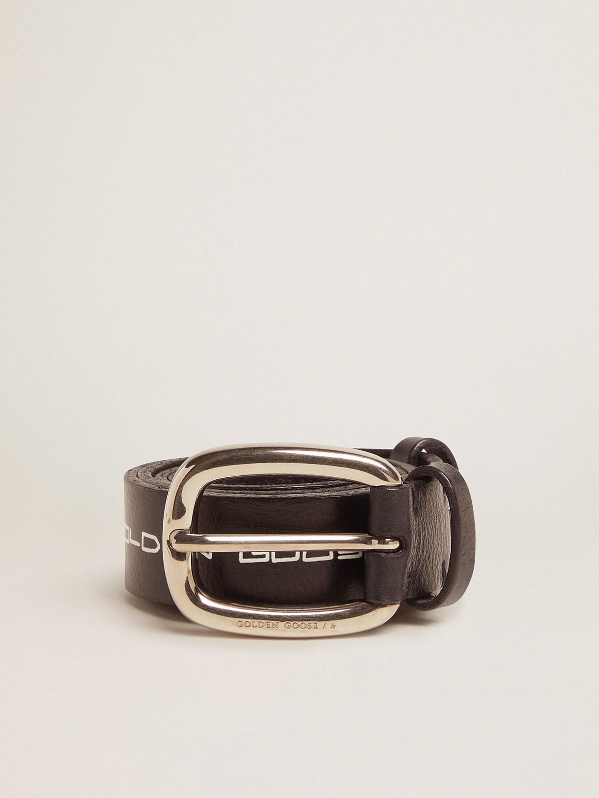 Houston belt in black leather with contrasting handwritten lettering