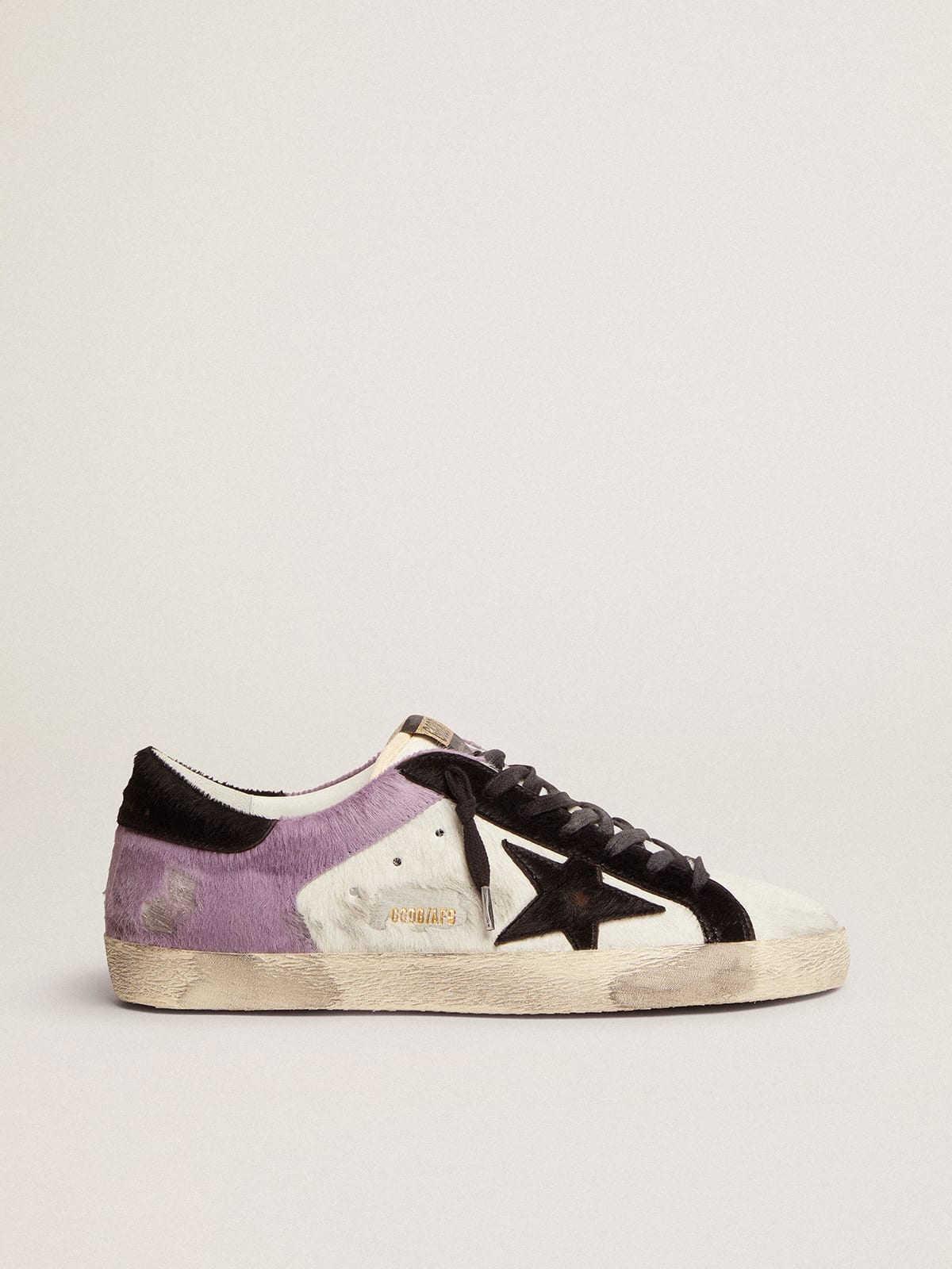 Super-Star sneakers in white and lilac pony skin with black pony skin inserts