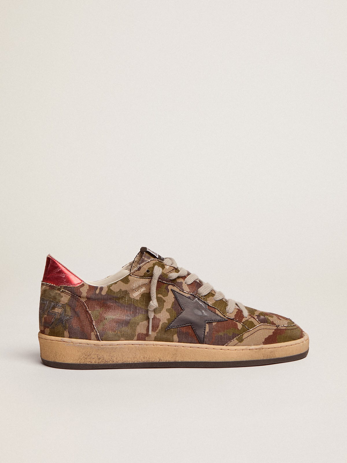 Ball Star sneakers in camouflage ripstop fabric with midnight-blue leather star and red laminated leather heel tab