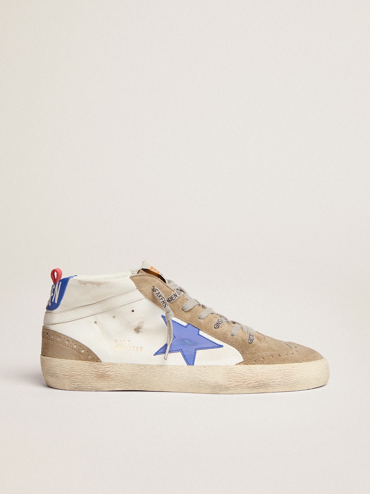Mid Star sneakers in white leather with blue star and dove-gray inserts