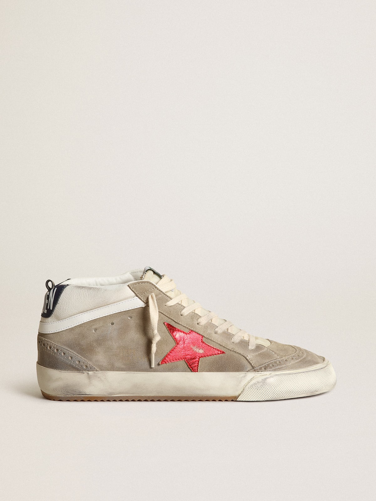 Mid Star sneakers in dove-gray suede with red metallic leather star and white leather flash