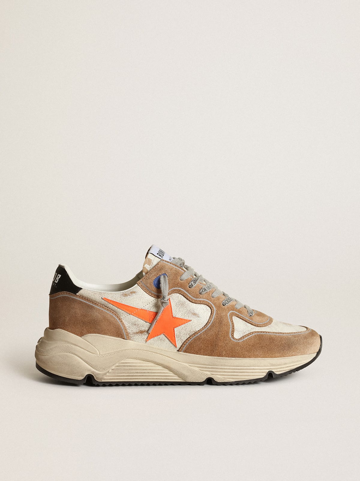 Running Sole LTD sneakers in glossy white leather and tobacco-colored suede with fluorescent orange leather star