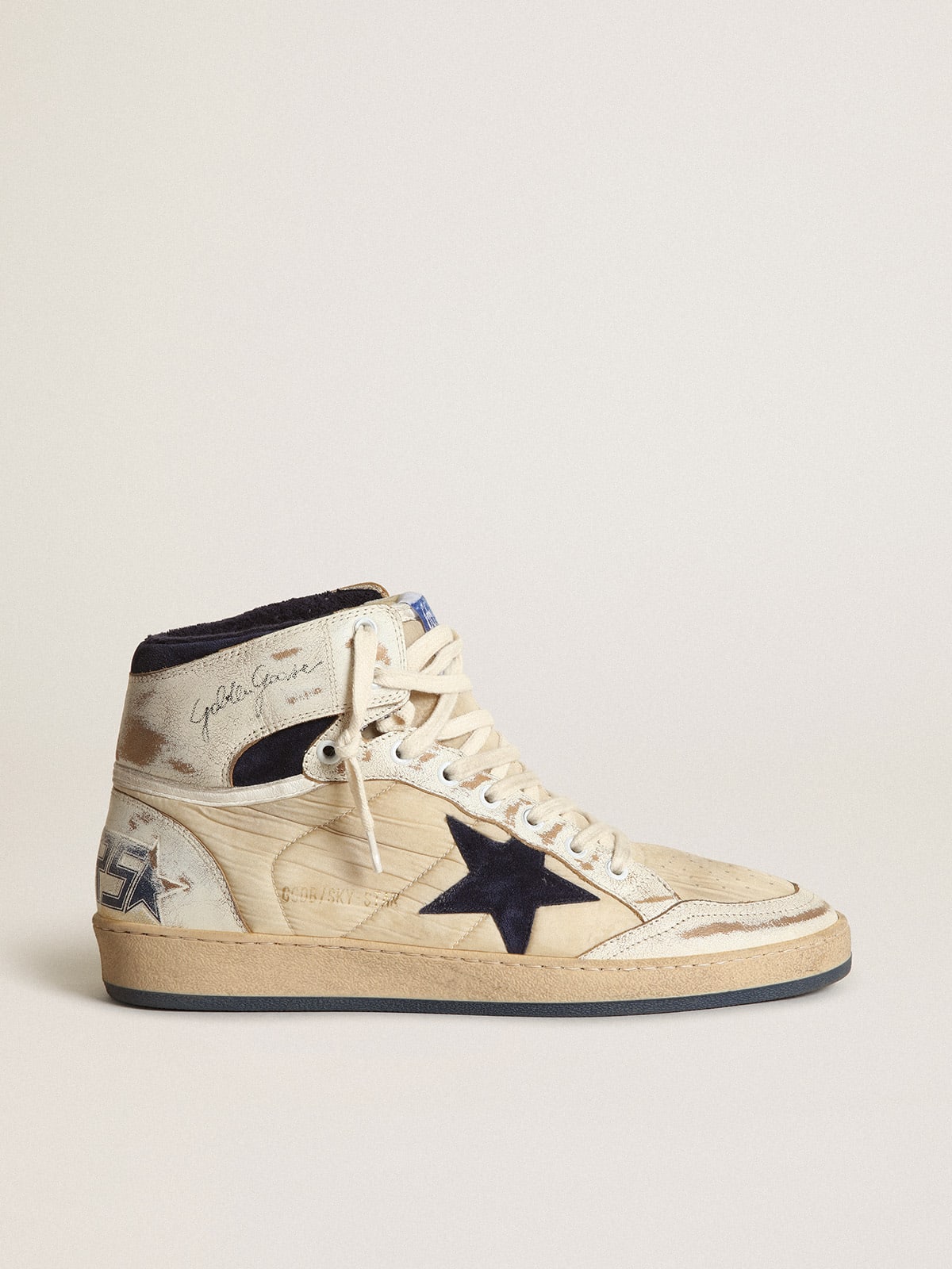 Men's Sky-Star sneakers in cream-colored nylon and white leather with dark blue suede star