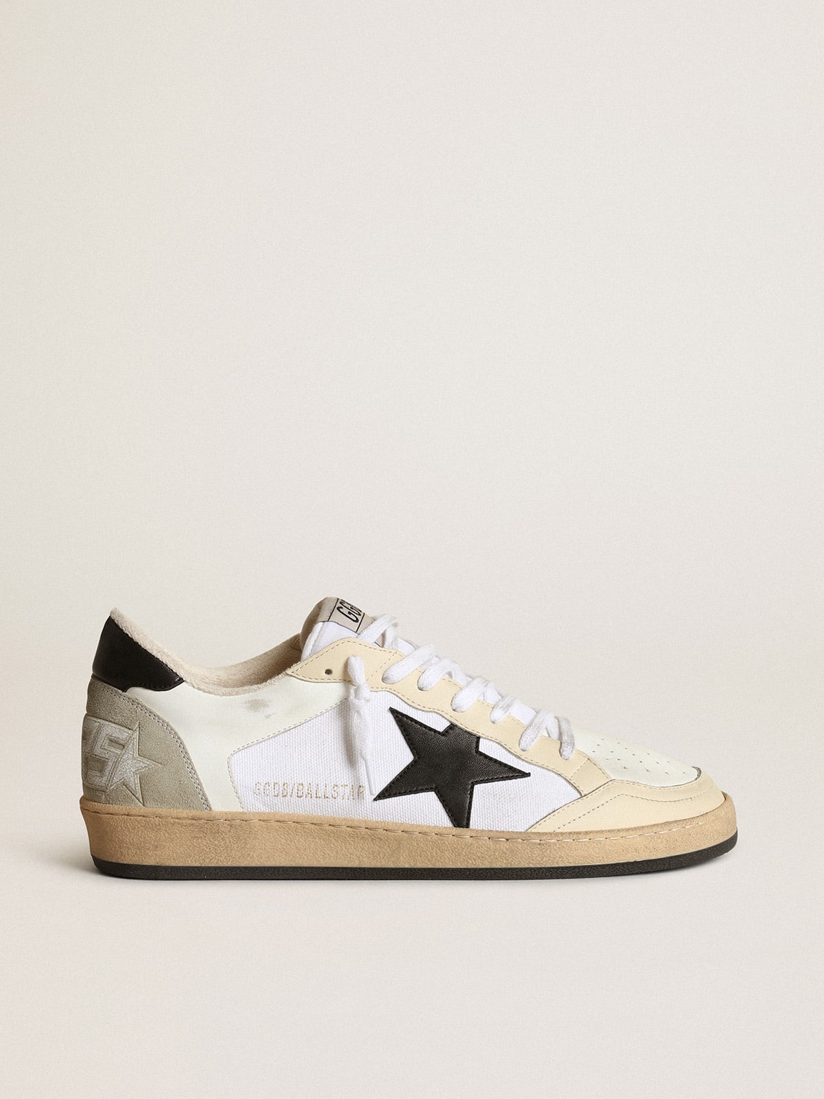 Men's Ball Star sneakers in white canvas and leather with ivory leather inserts and black nappa leather star