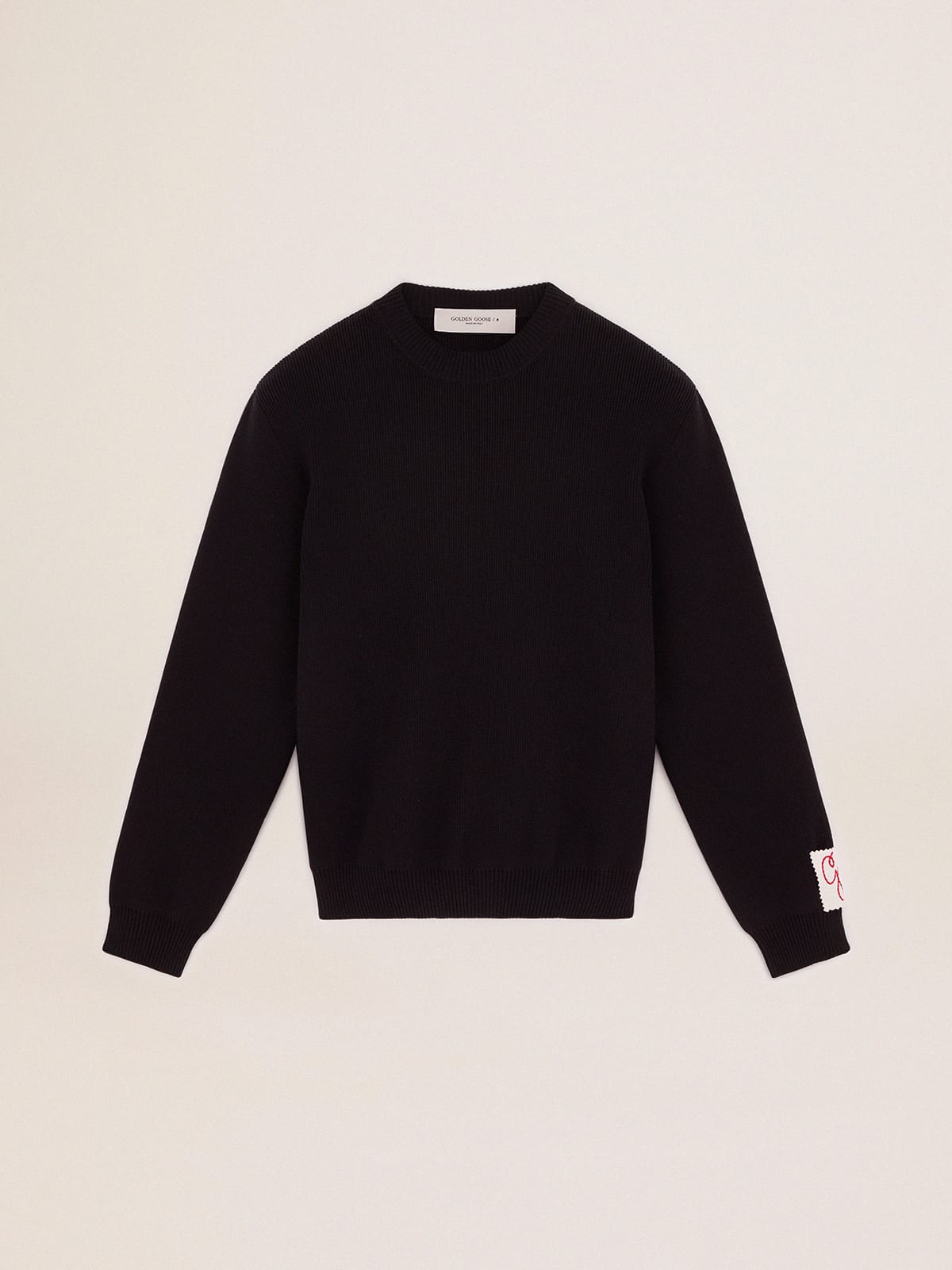 Men's round-neck sweater in dark blue cotton with logo on the back