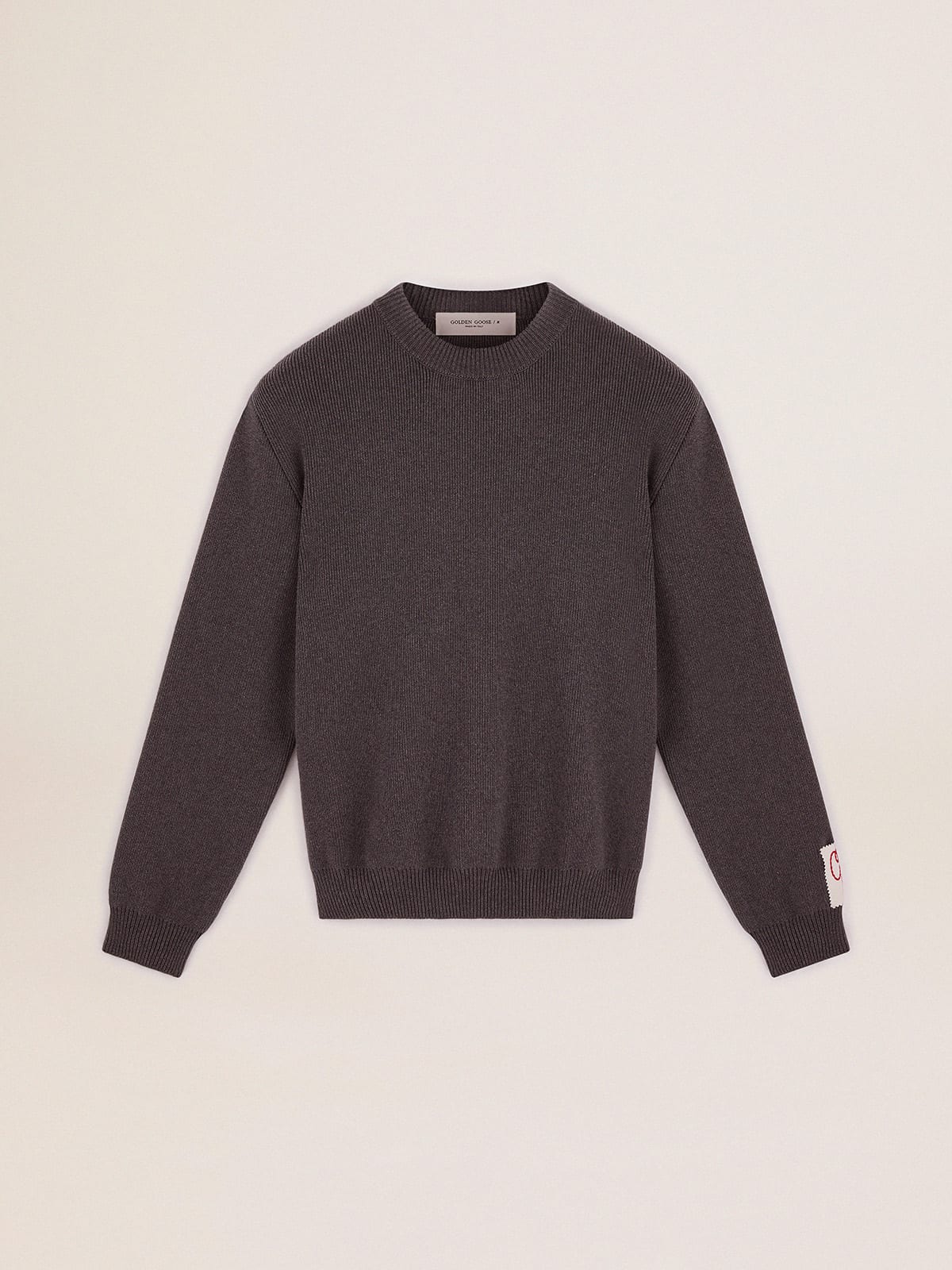 Round-neck sweater in dark gray cotton with logo on the back