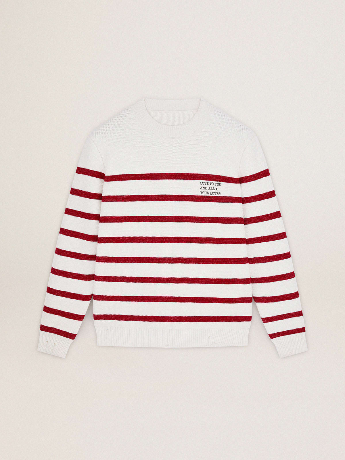White cotton Journey Collection pullover with red stripes and lettering on the front