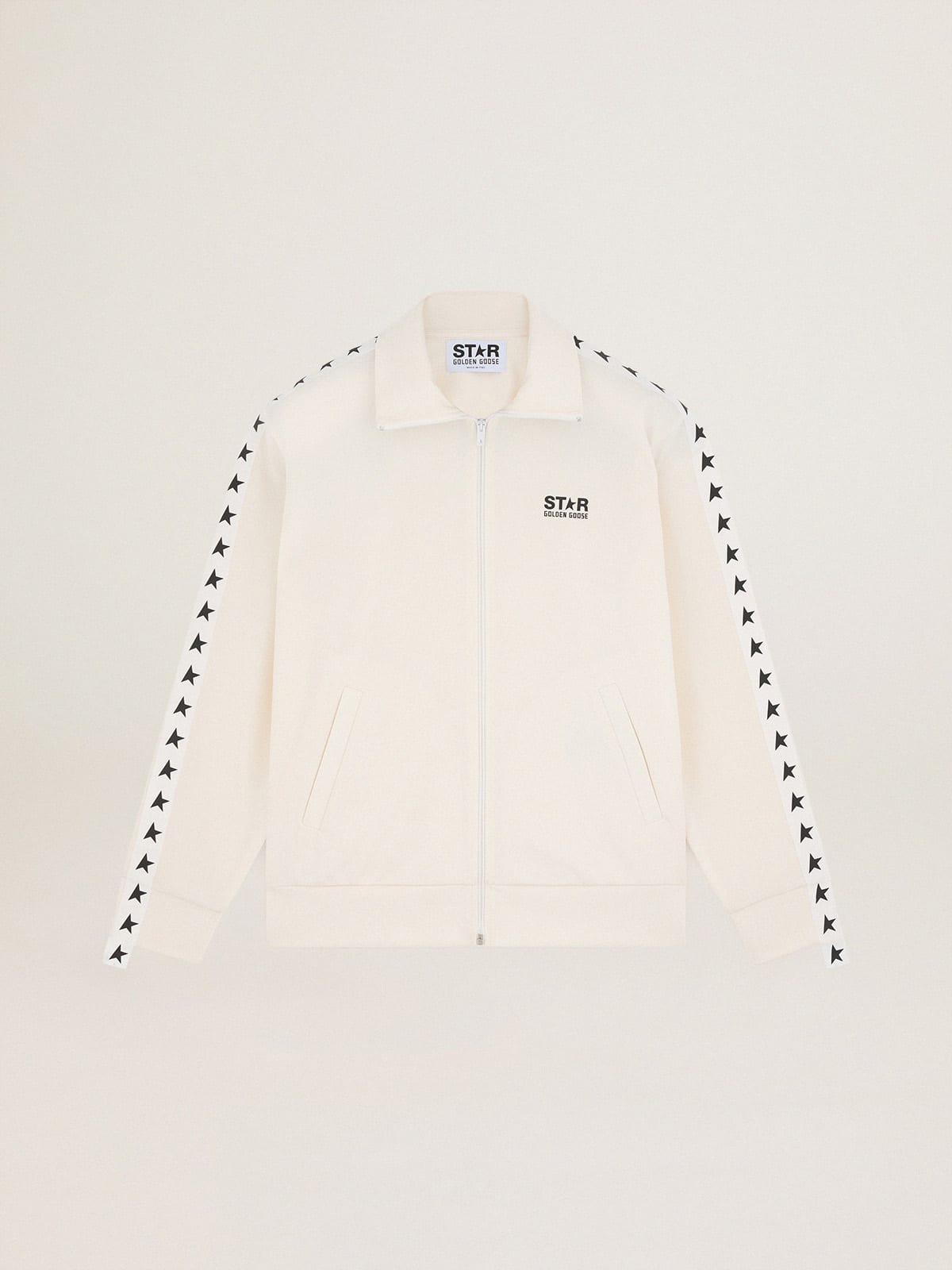 Men's white zipped sweatshirt with white strip and black stars
