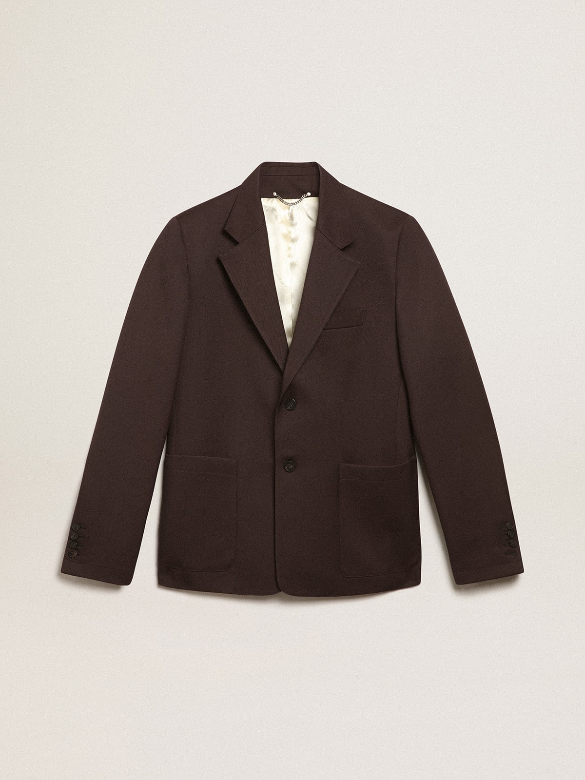 Journey Collection single-breasted blazer in licorice-colored wool gabardine with horn buttons