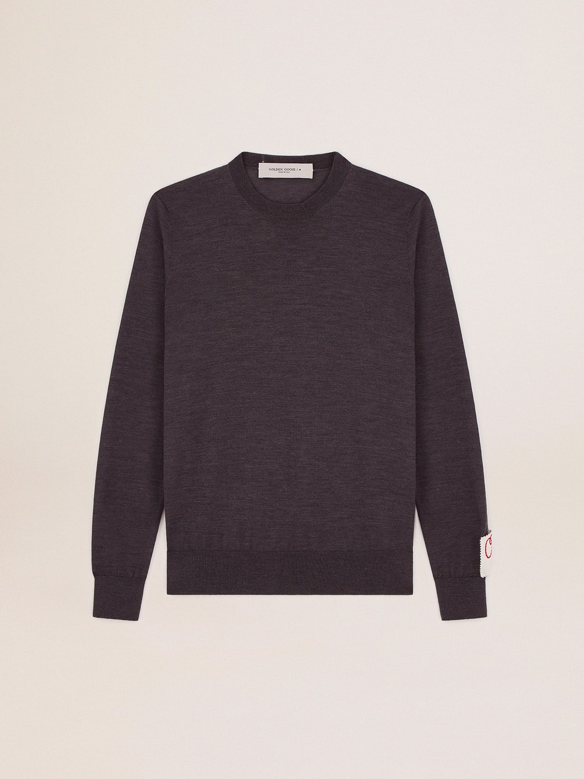 Round-neck sweater in dark gray melange wool