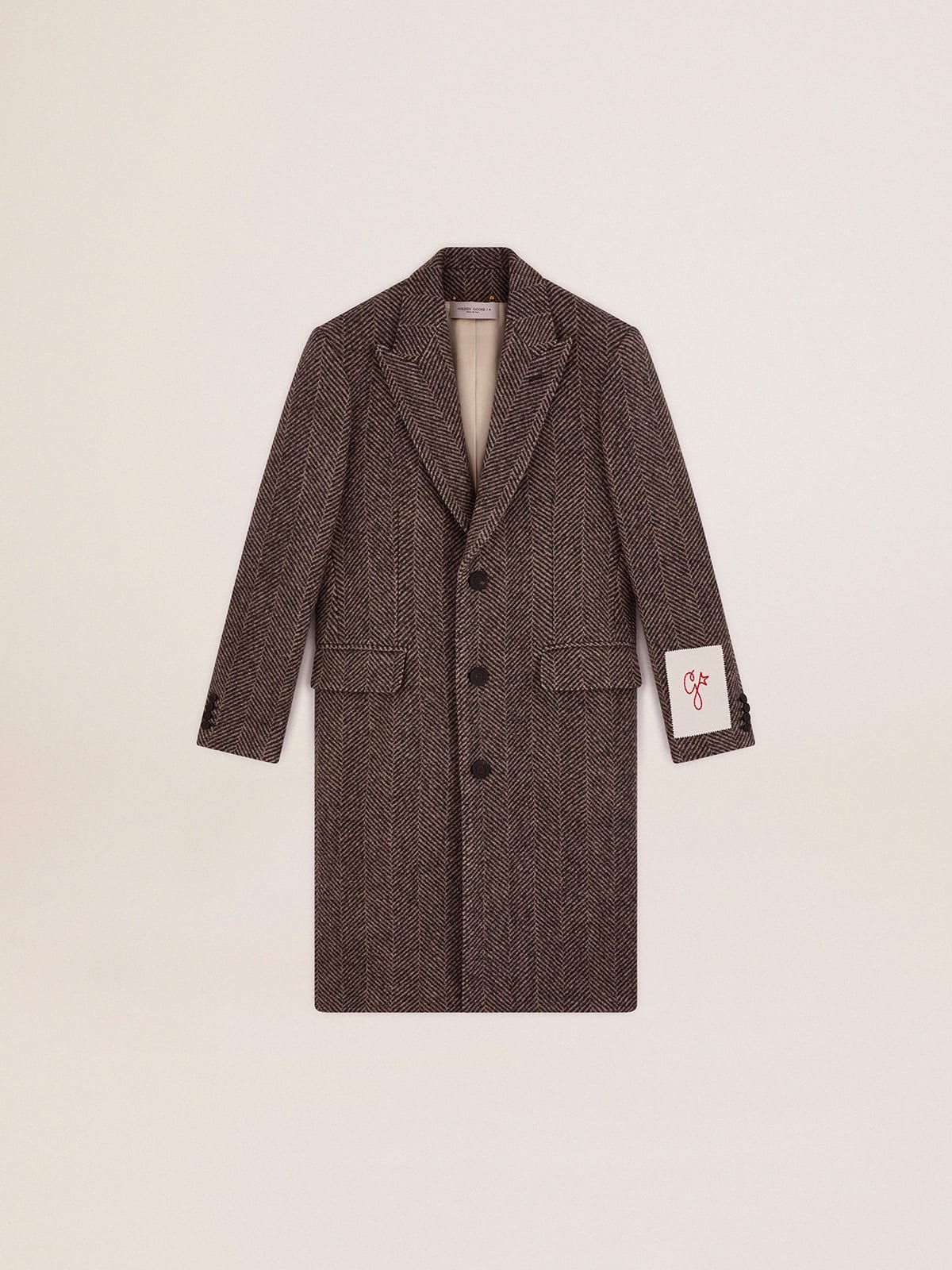 Single-breasted coat in wool with herringbone weave in beige and gray