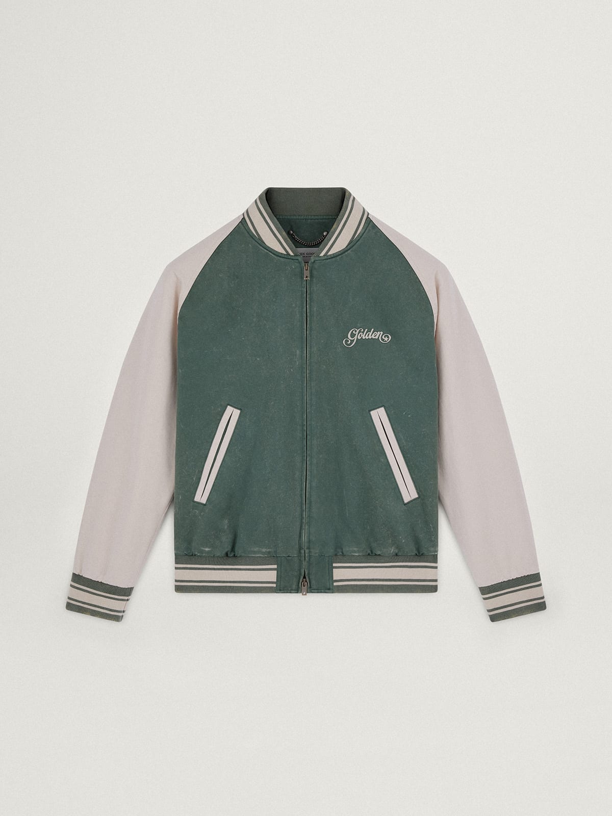 Military-green and white Journey Collection Eric bomber jacket with a lived-in effect and contrasting embroidery on the back