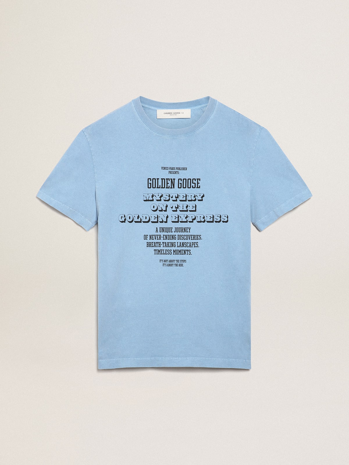 Harbor-blue Journey Collection T-shirt with contrasting black Golden Goose Mystery On The Golden Express print on the front