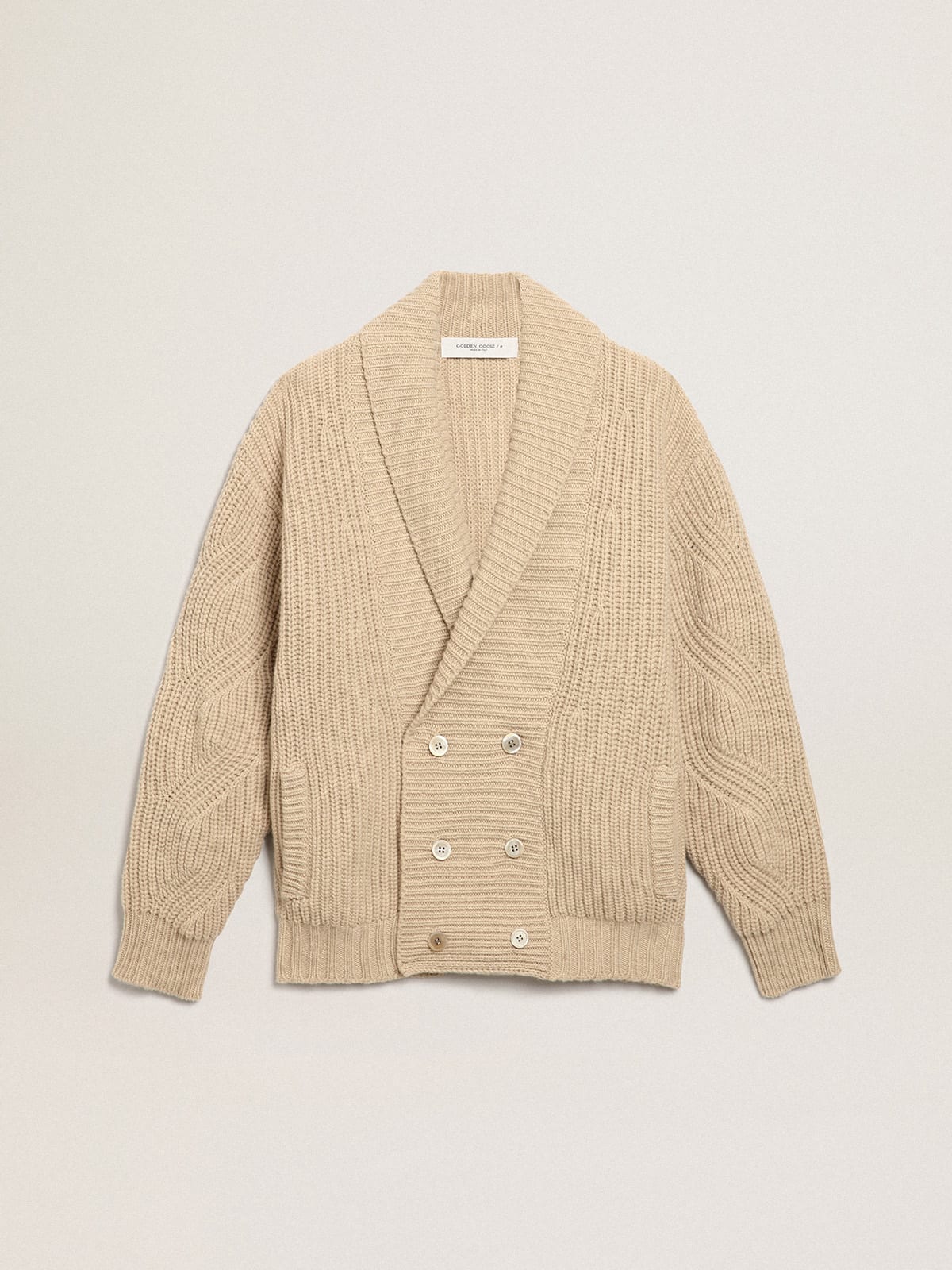 Double-breasted Journey Collection cardigan in beige ribbed wool with tone-on-tone leather patches