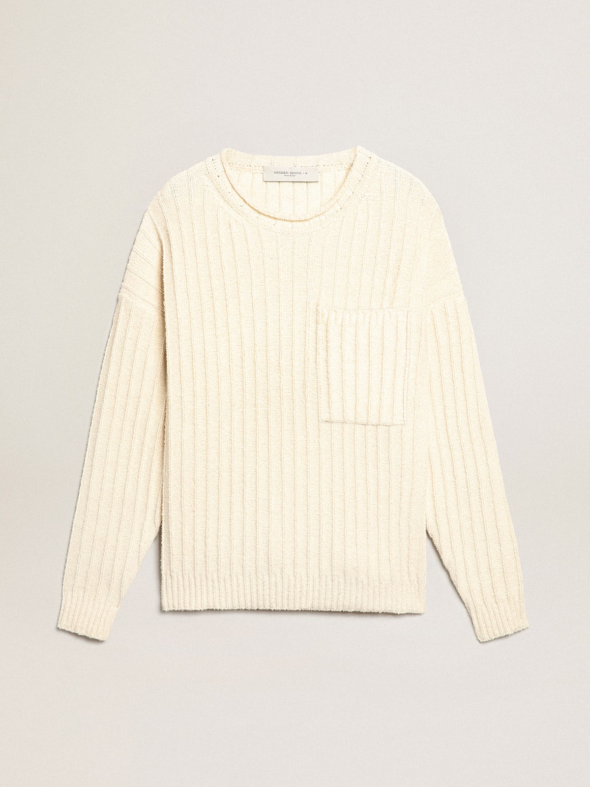 Round-neck sweater in papyrus-colored cotton-blend yarn
