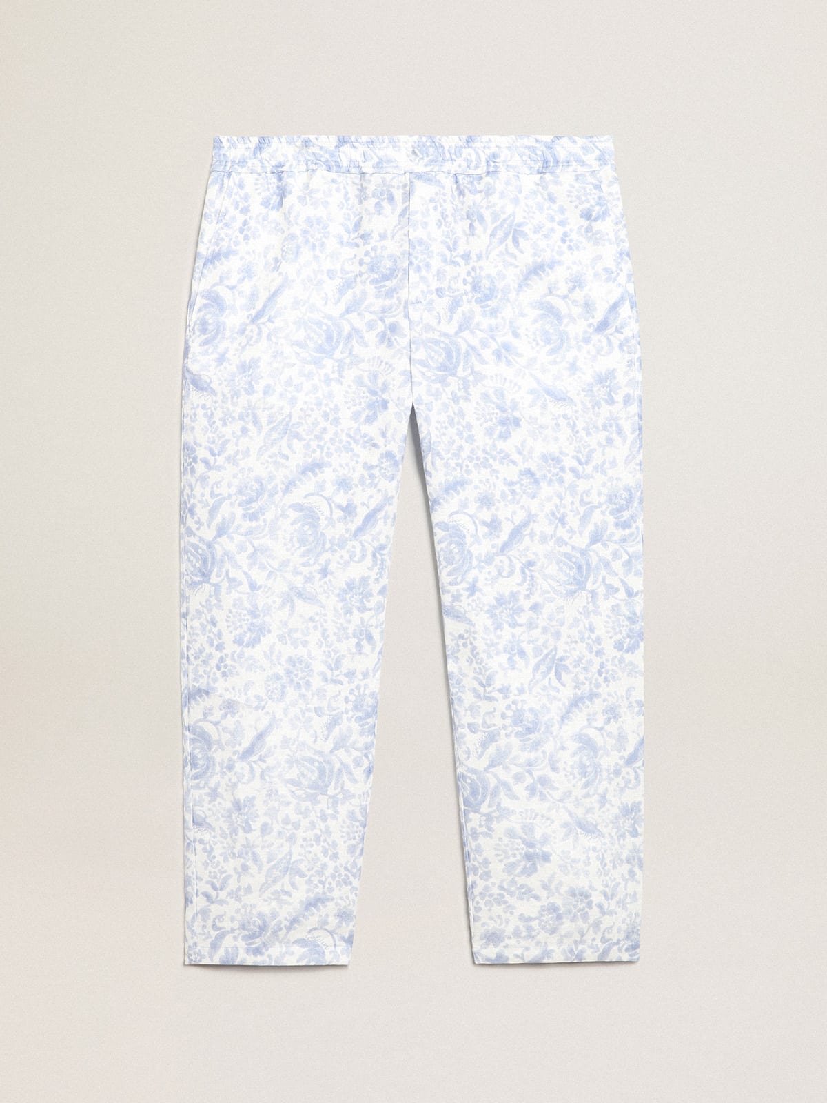 Resort Collection linen trousers with Mediterranean blue print