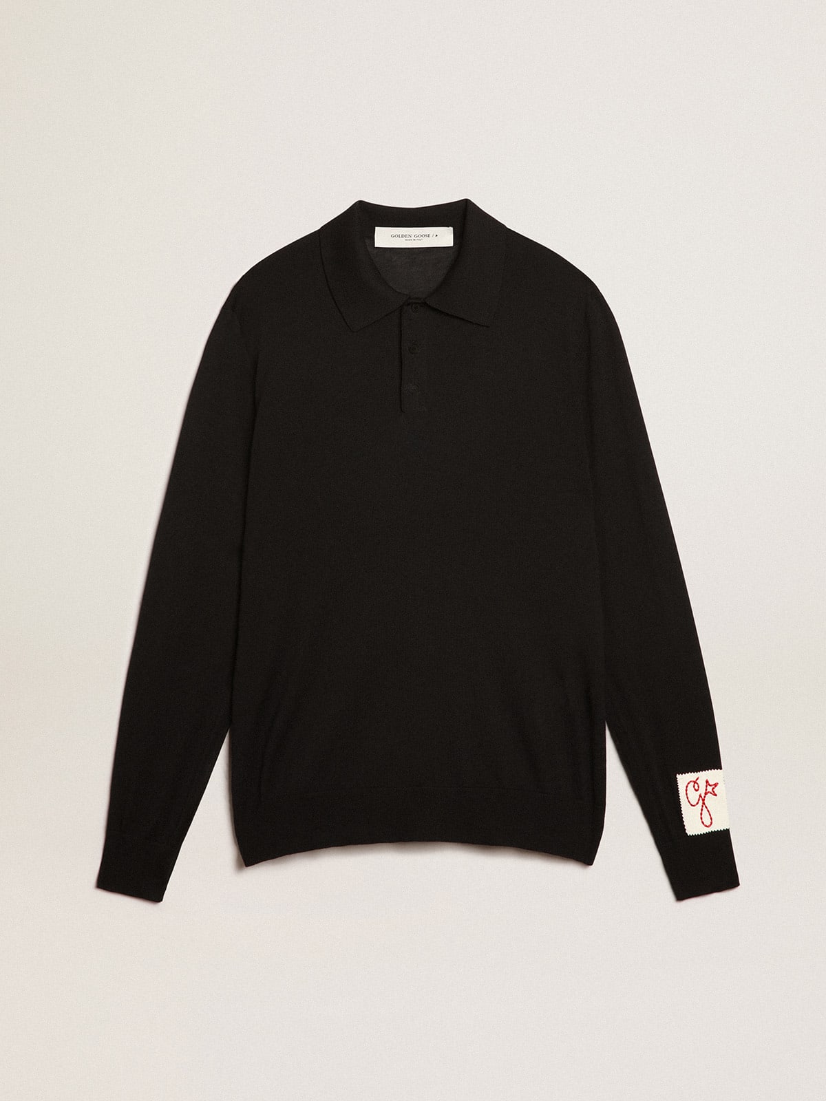 Men's long-sleeved polo shirt in black merino wool
