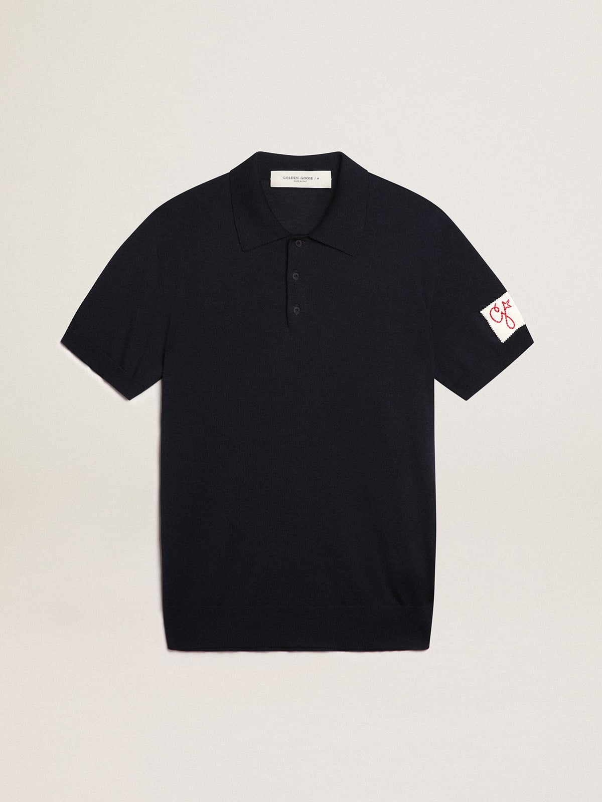 Men's short-sleeved polo shirt in navy-blue merino wool