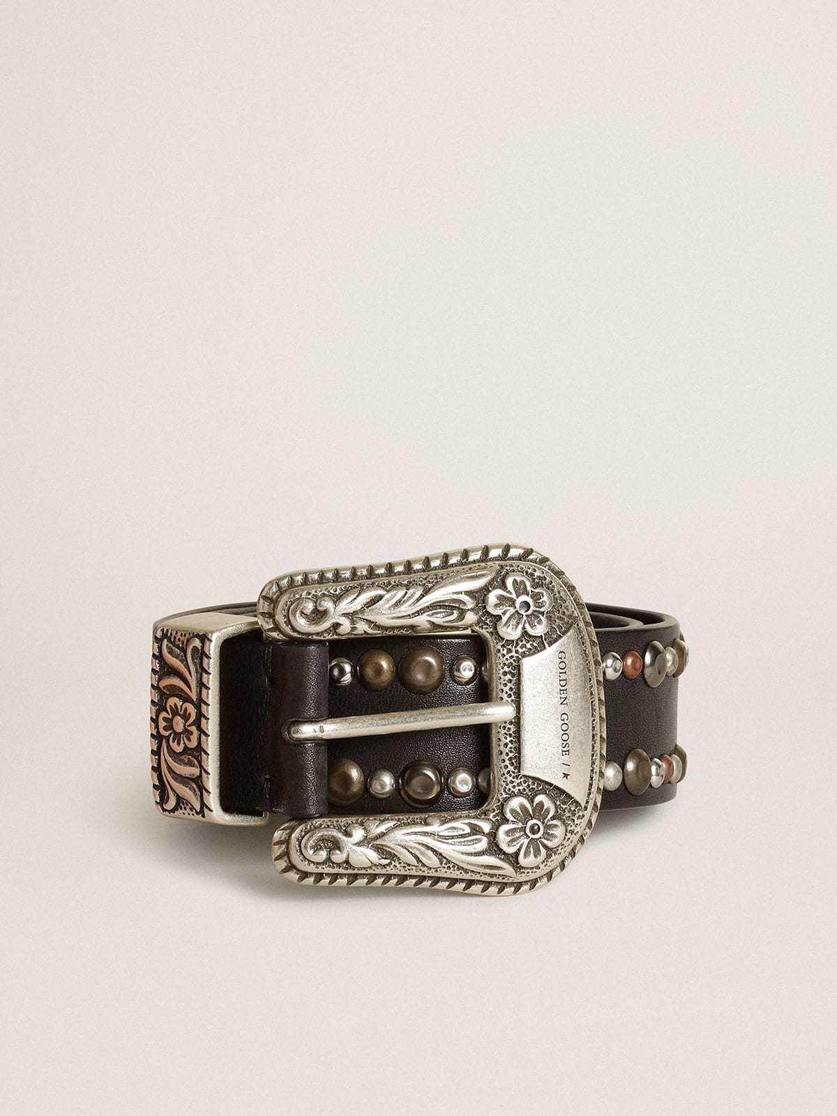 Lace belt in black leather with colored studs