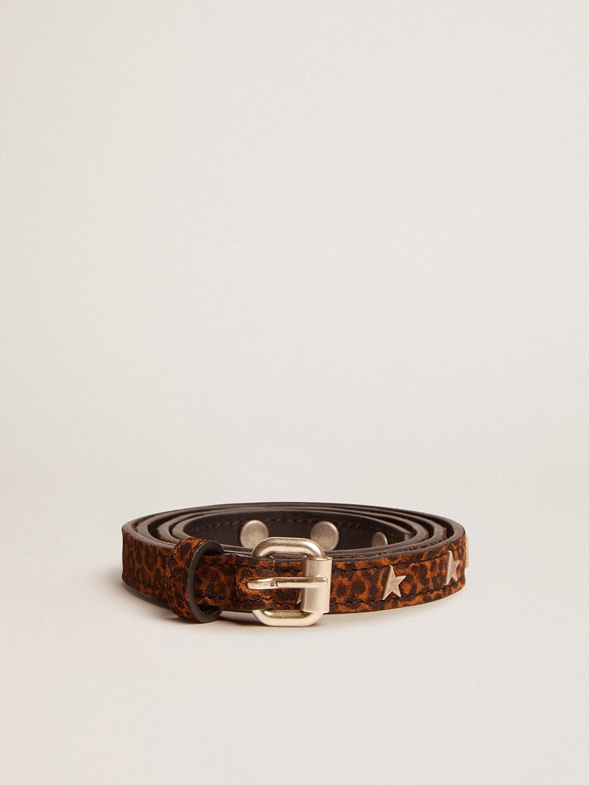 Molly belt in brown leopard-print suede with star-shaped studs