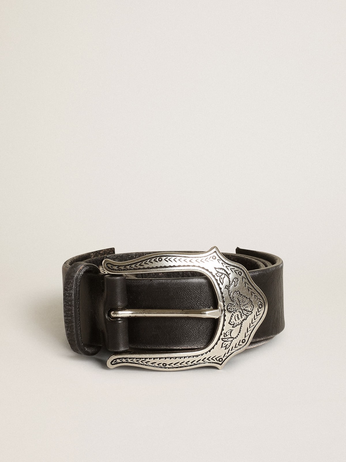 Twins belt in black leather with vintage silver colored decorations