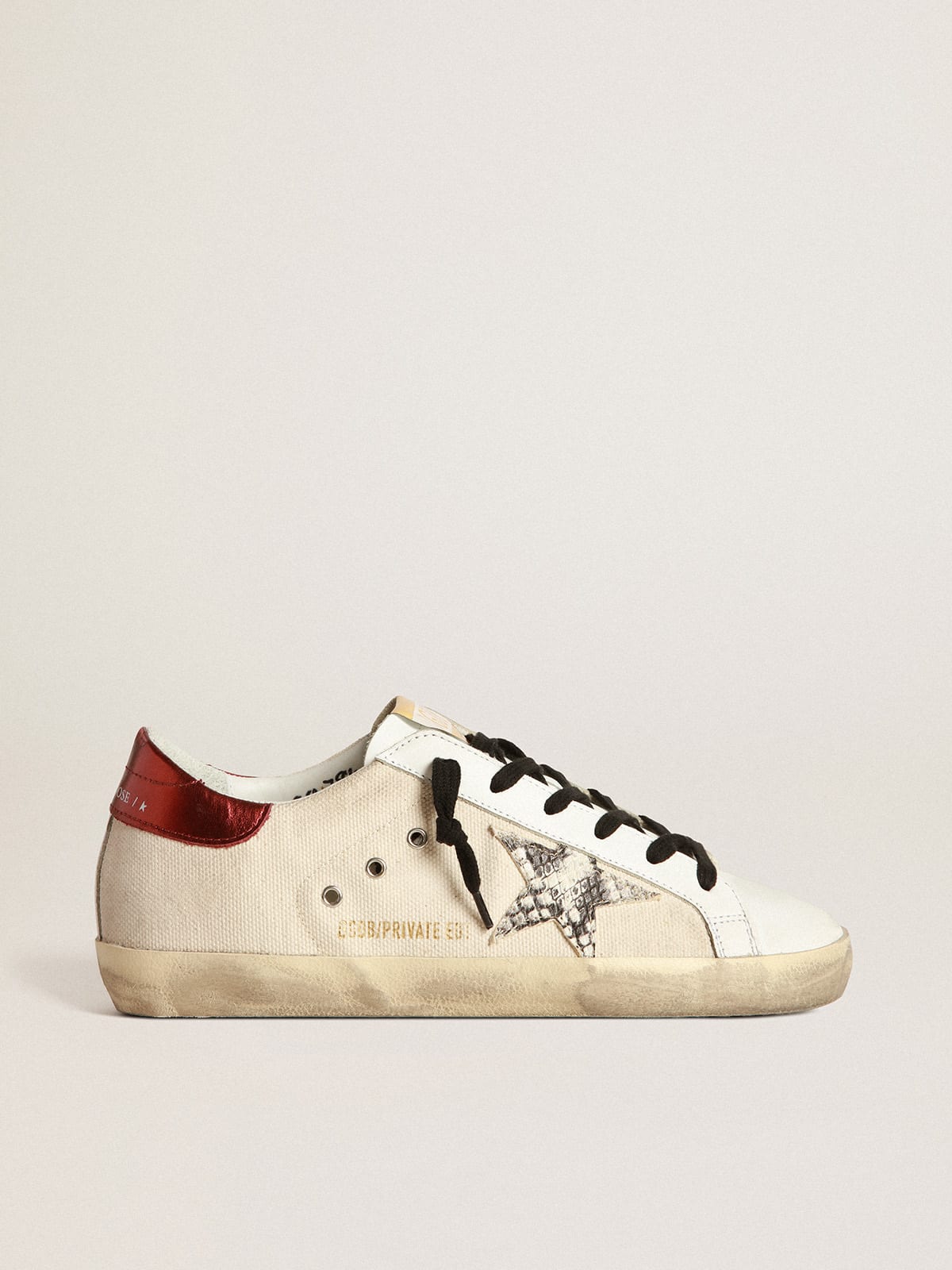 Super-Star LTD sneakers in natural-white canvas with gray snake-print leather star and burgundy laminated leather heel tab