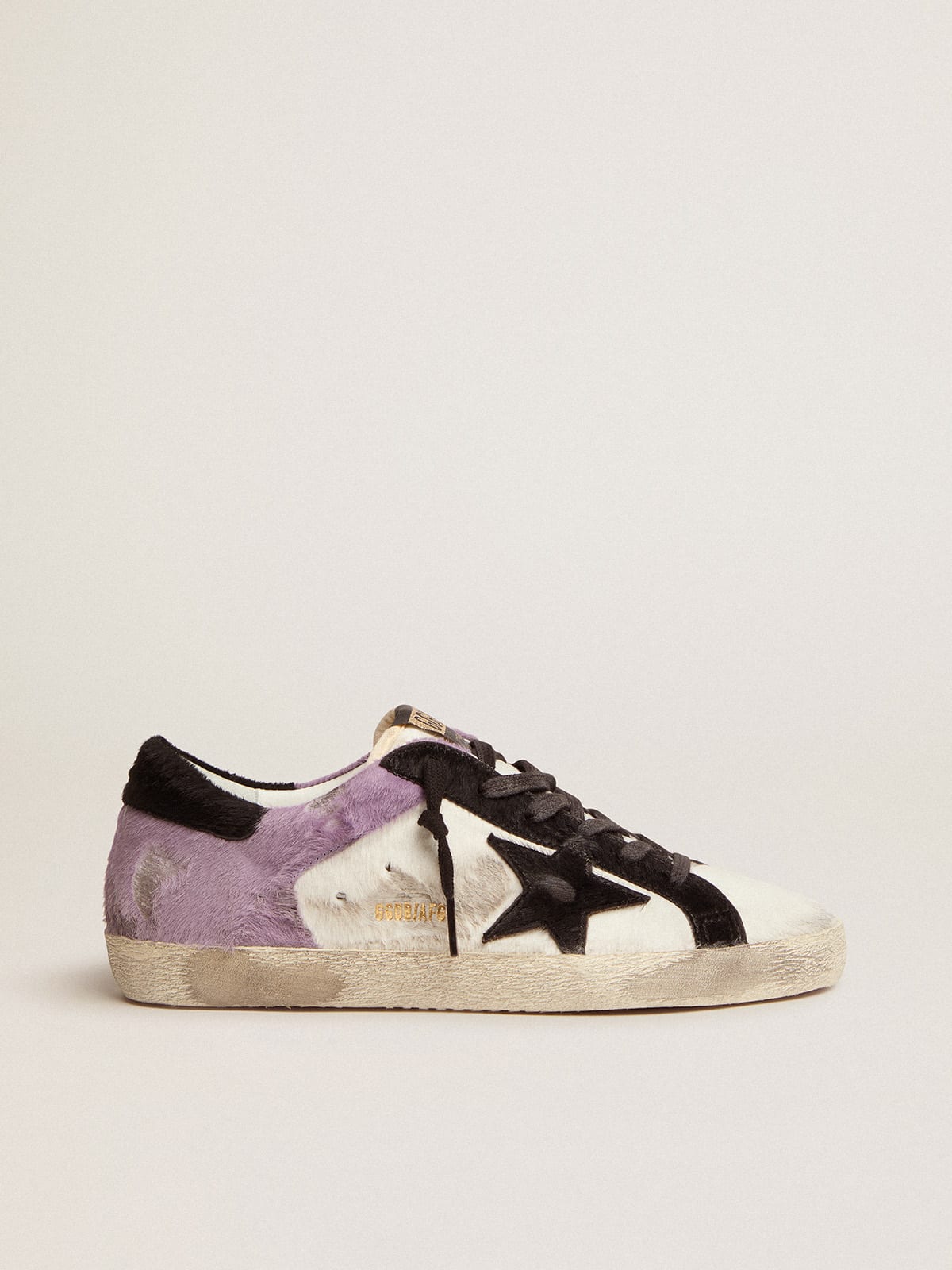 Super-Star sneakers in white and lilac pony skin with black pony skin inserts