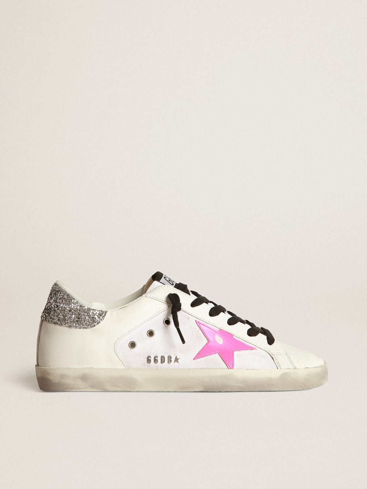 Super-Star sneakers in white leather and canvas with shocking-pink leather star and silver glitter heel tab