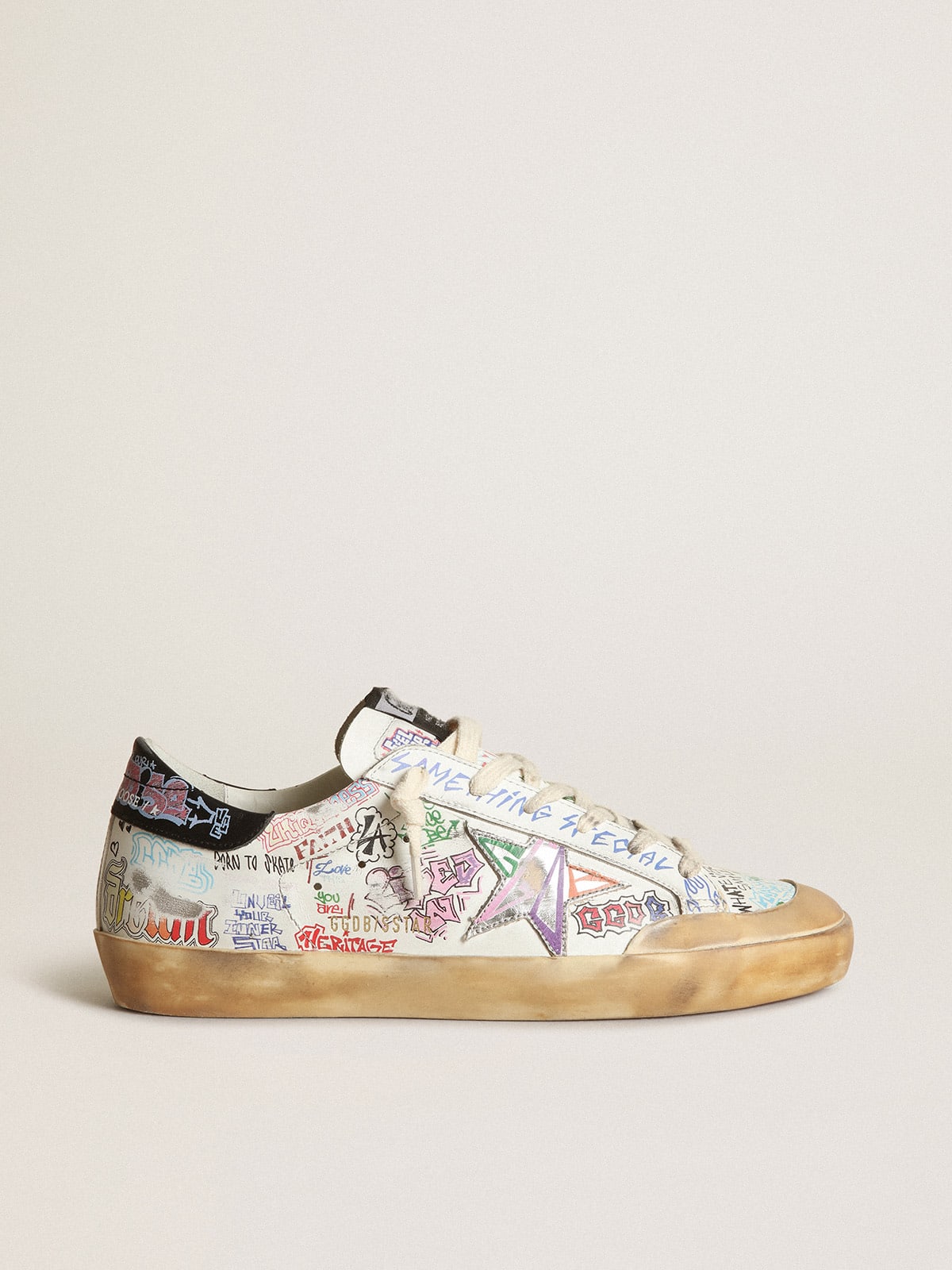 Women's Super-Star Penstar sneakers in white leather with all-over multicolored lettering