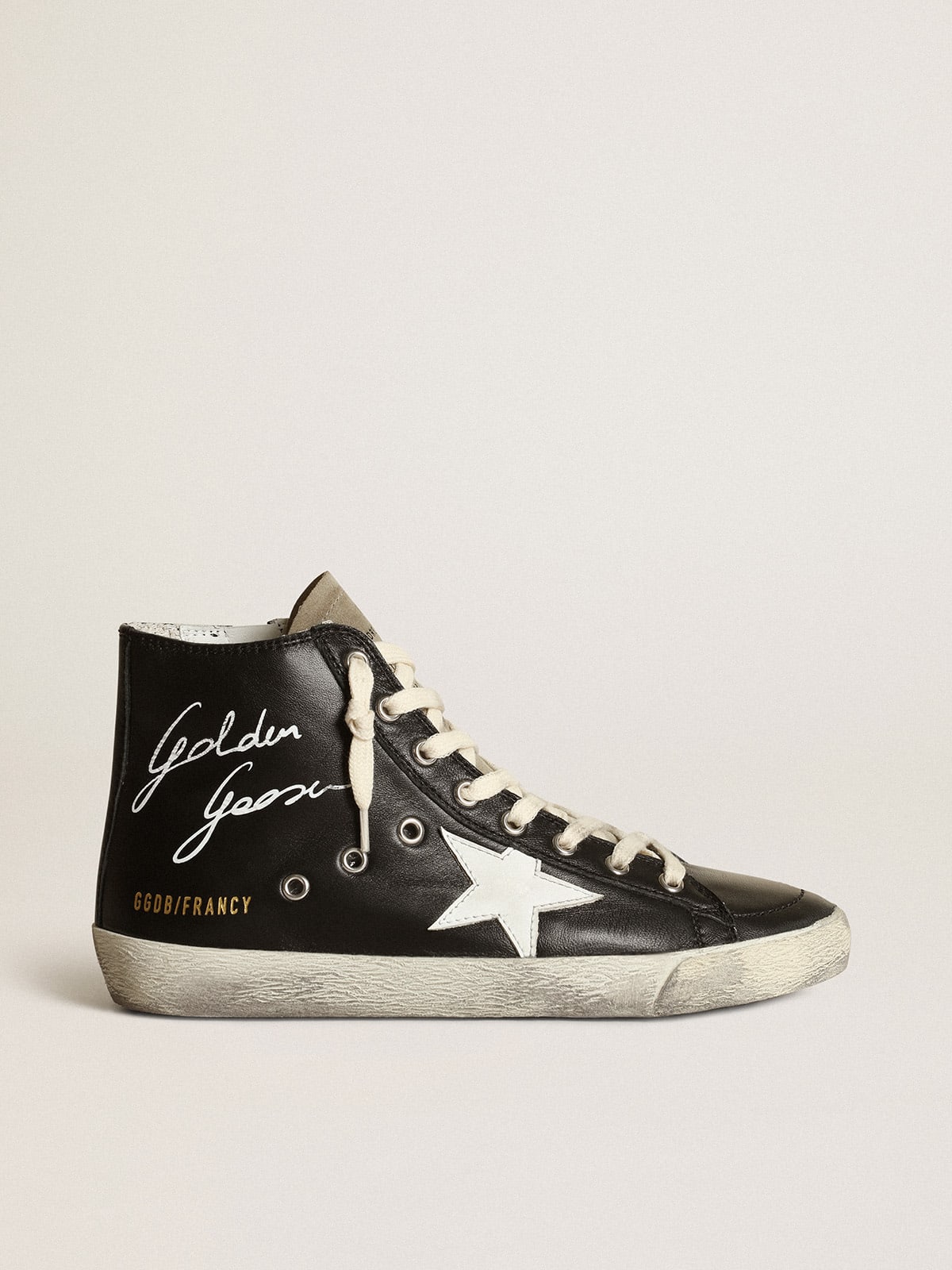 Francy sneakers in black nappa leather with white leather star and dove-gray suede tongue