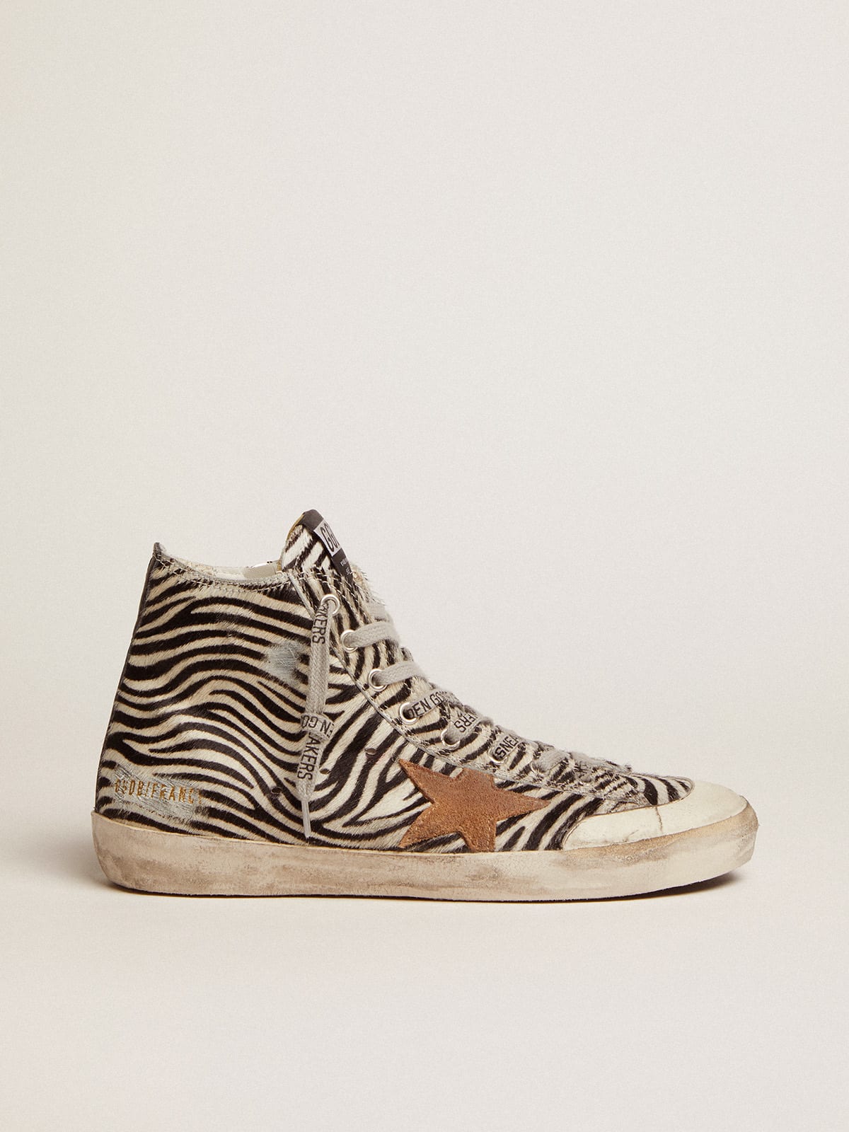 Francy Penstar LTD sneakers in zebra-print pony skin with tobacco-colored suede star and black leather heel tab