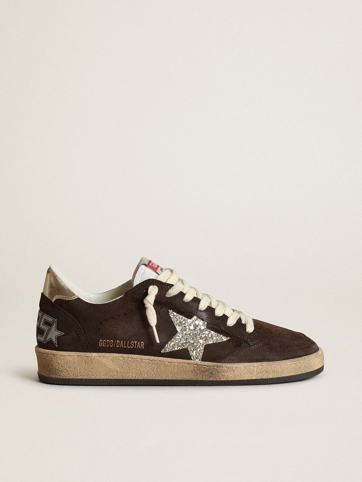 Ball Star sneakers in brown suede with platinum glitter star and white nylon tongue