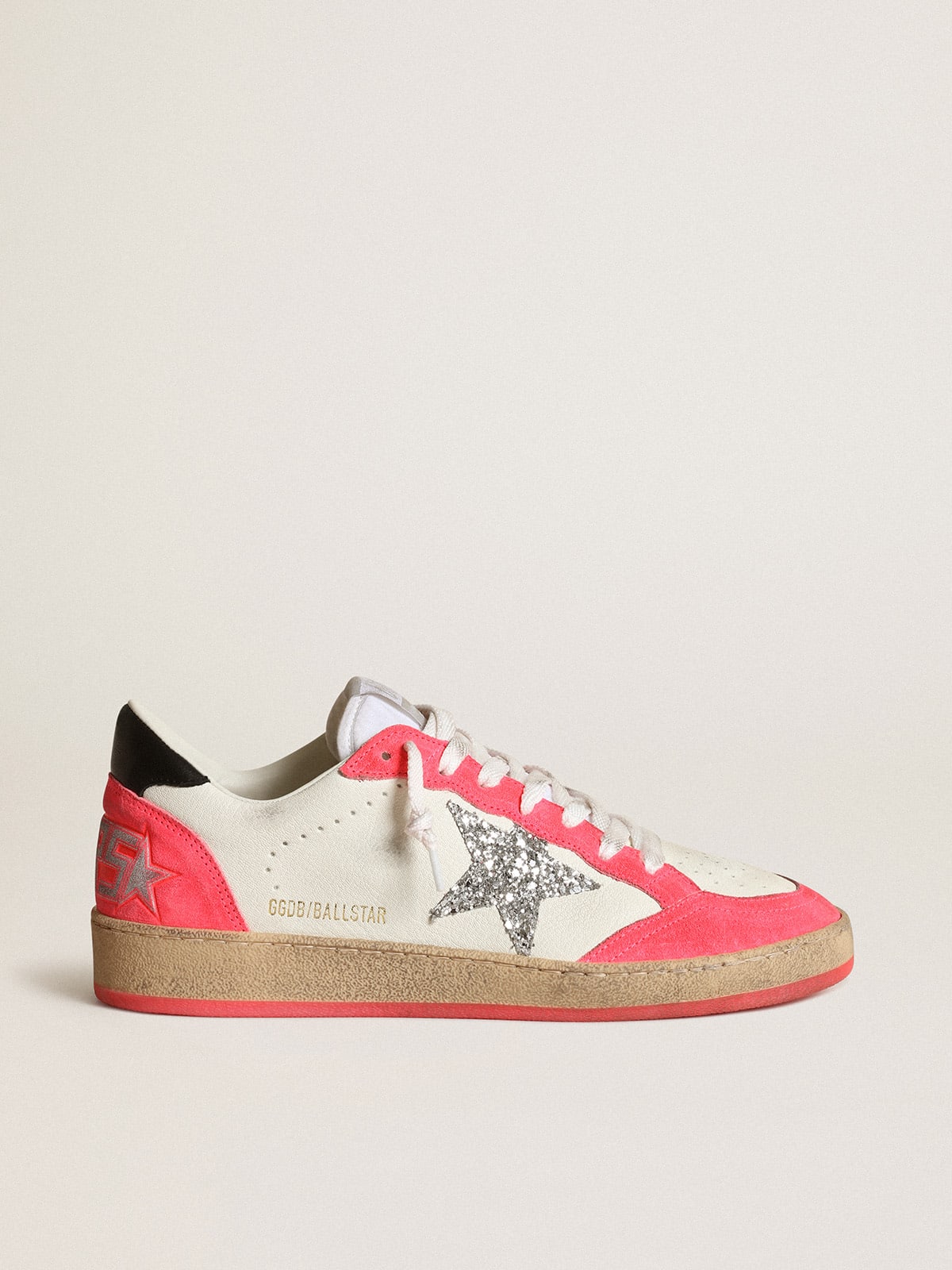 Ball Star sneakers in white nappa leather with silver glitter star and fluorescent lobster-colored suede inserts