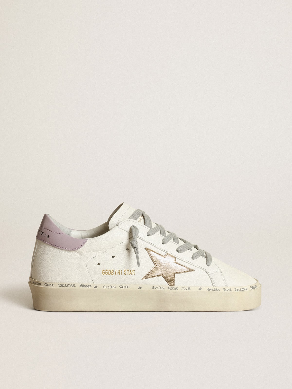 White Hi Star with a gold star and lilac naplak heel tab