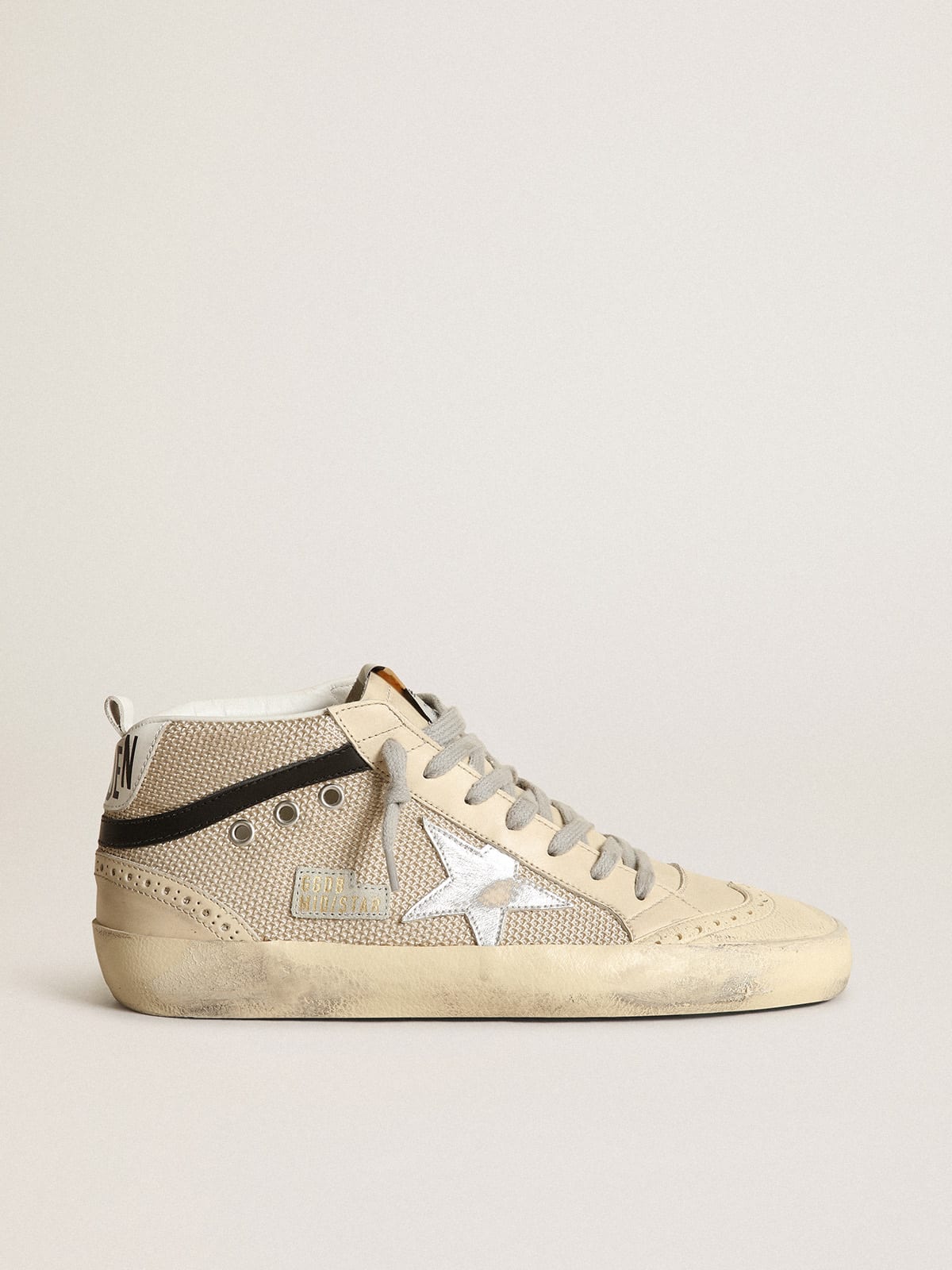 Mid Star LTD sneakers in cream-colored mesh with silver metallic leather star and black leather flash