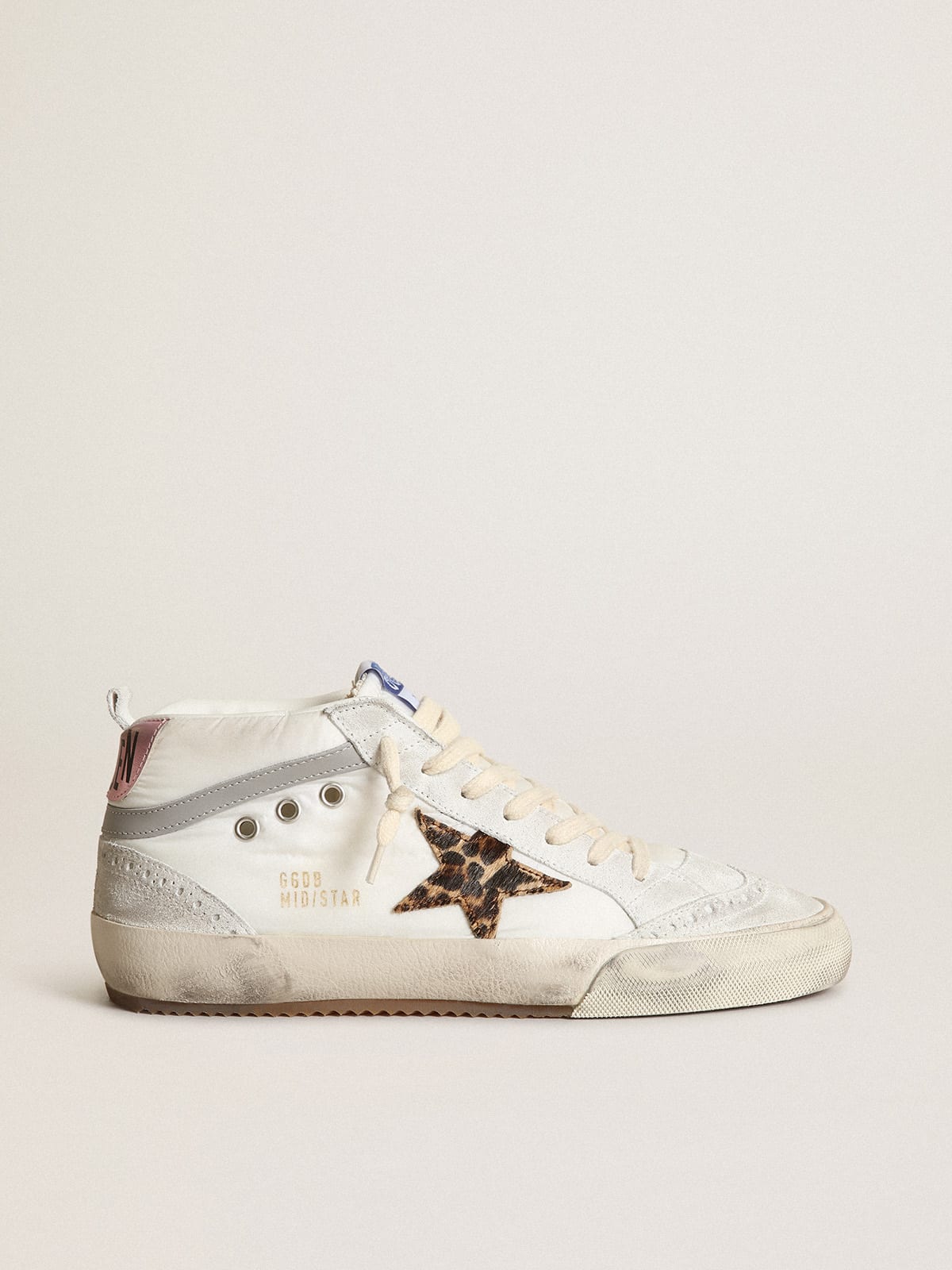 Mid Star LTD sneakers in white nylon with leopard-print pony skin star and pink metallic leather heel tab