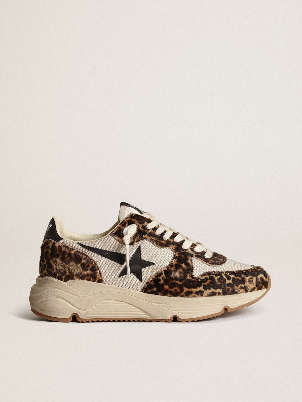 Running Sole sneakers in cream-colored mesh with leopard-print pony skin inserts and black leather star