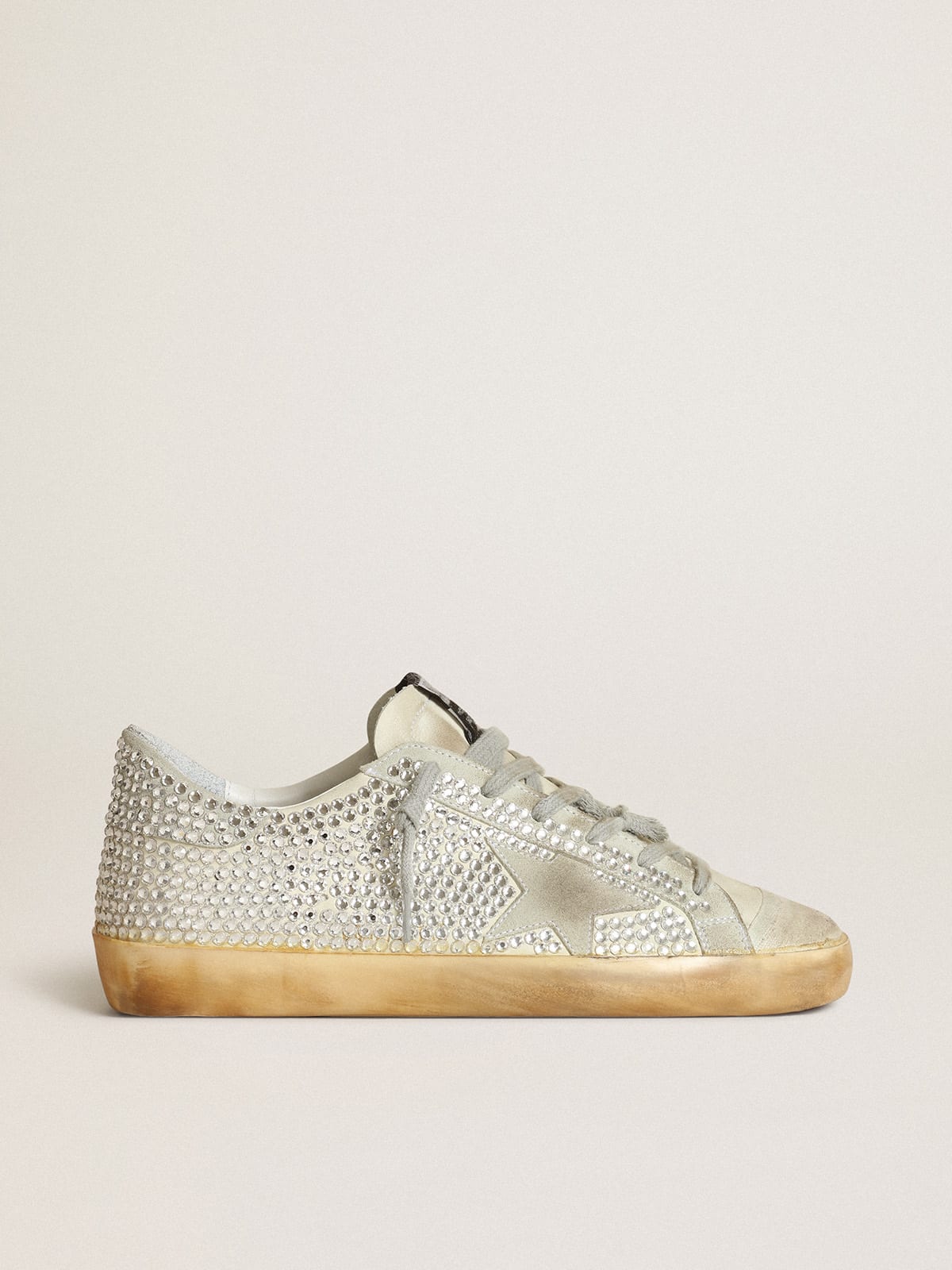 Super-star sneakers in off-white nubuck and silver crystals with ice-gray suede star
