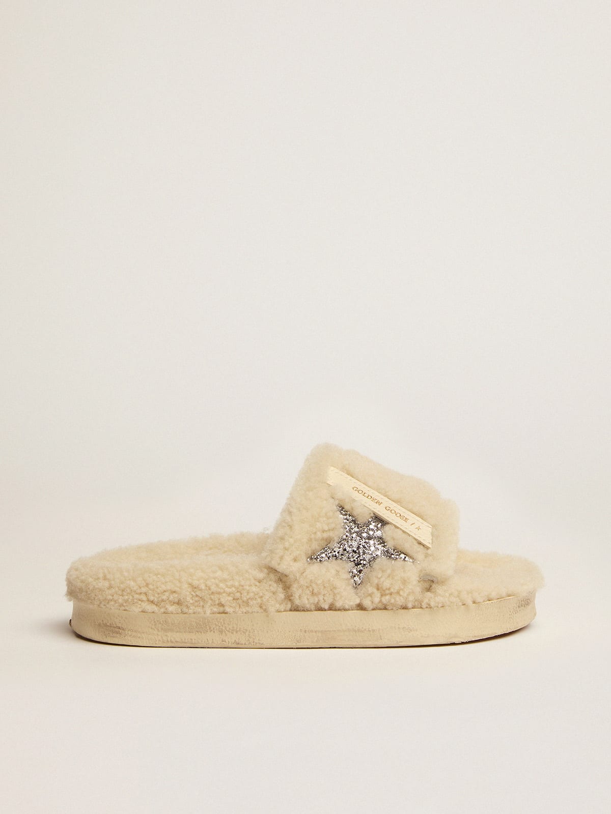 Beige shearling Poolstars with silver glitter star