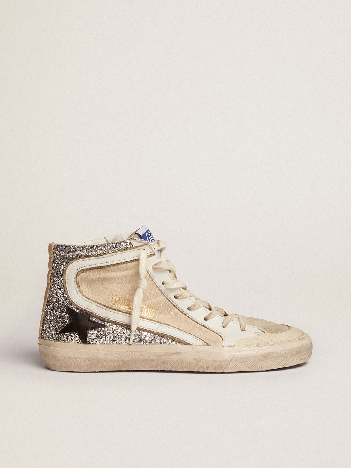 Penstar Slide sneakers in cream-colored canvas and silver glitter with black leather star