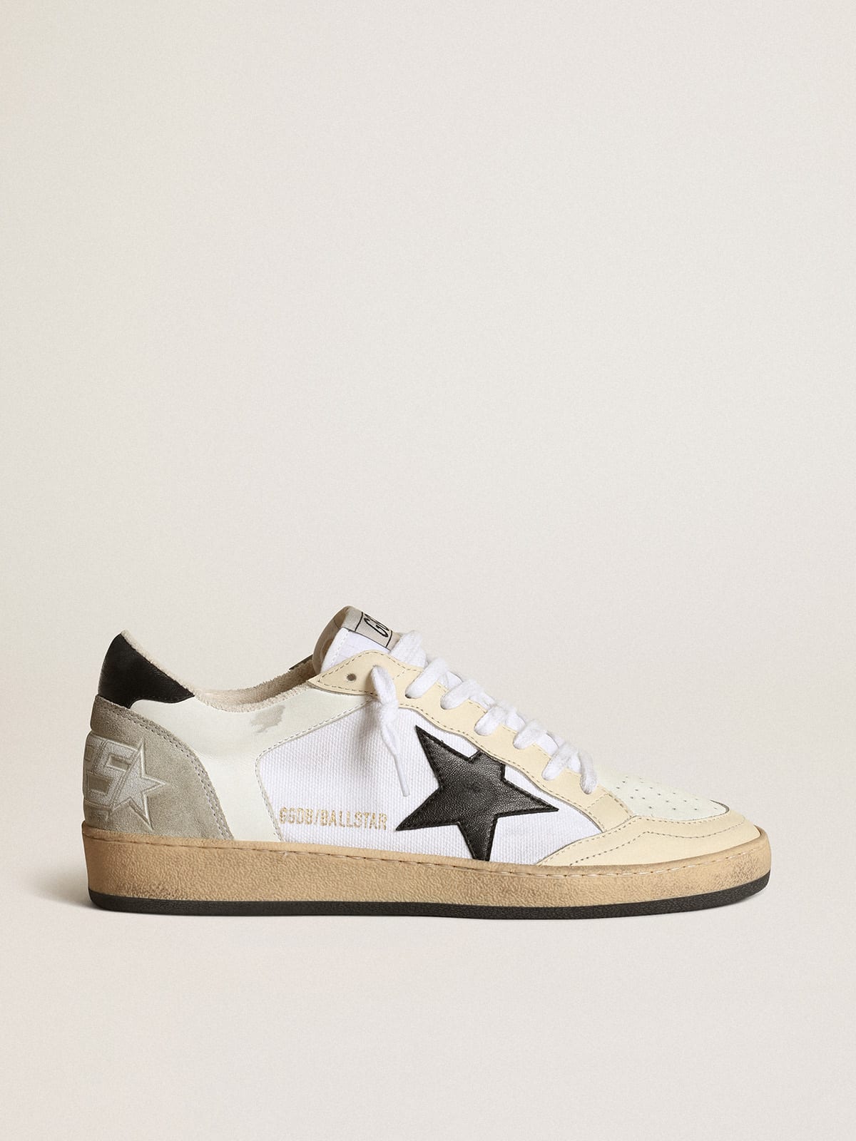 Women's Ball Star sneakers in white canvas and leather with ivory leather inserts and black nappa leather star