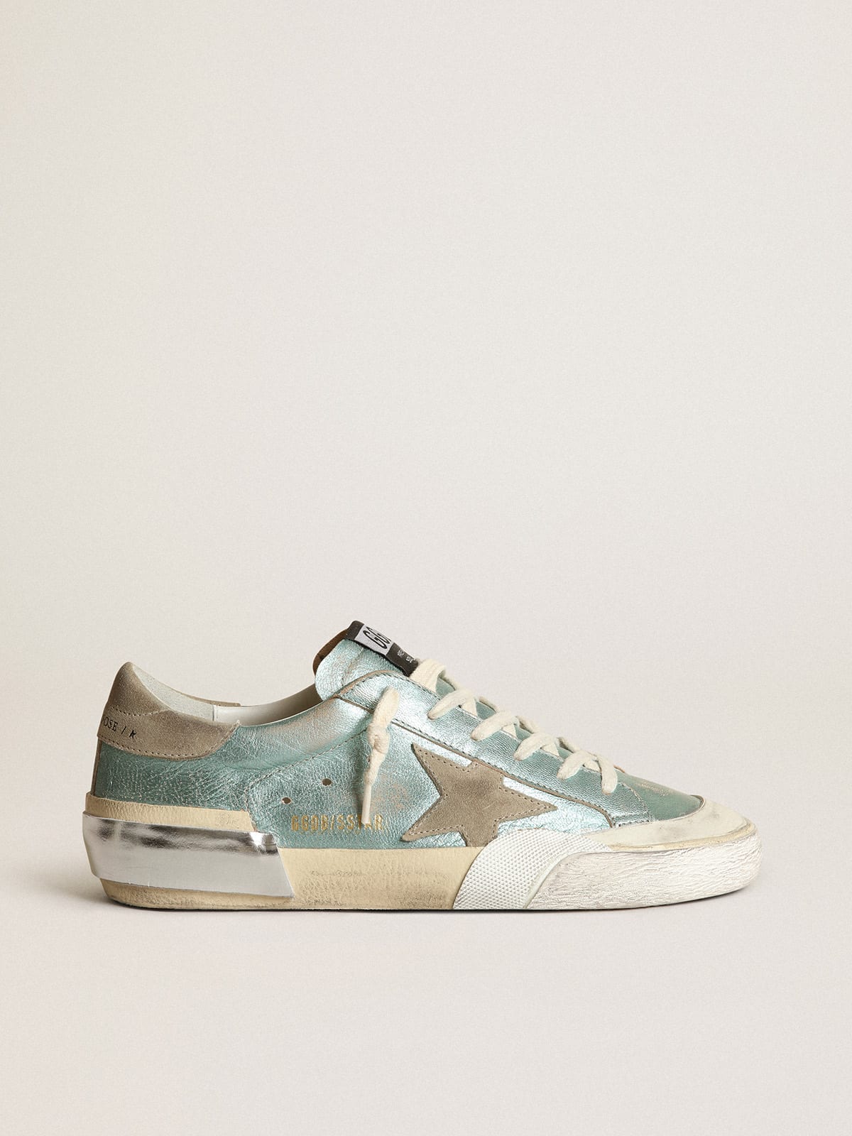 Super-Star sneakers in mint-green laminated leather with ice-gray suede star and multi-foxing