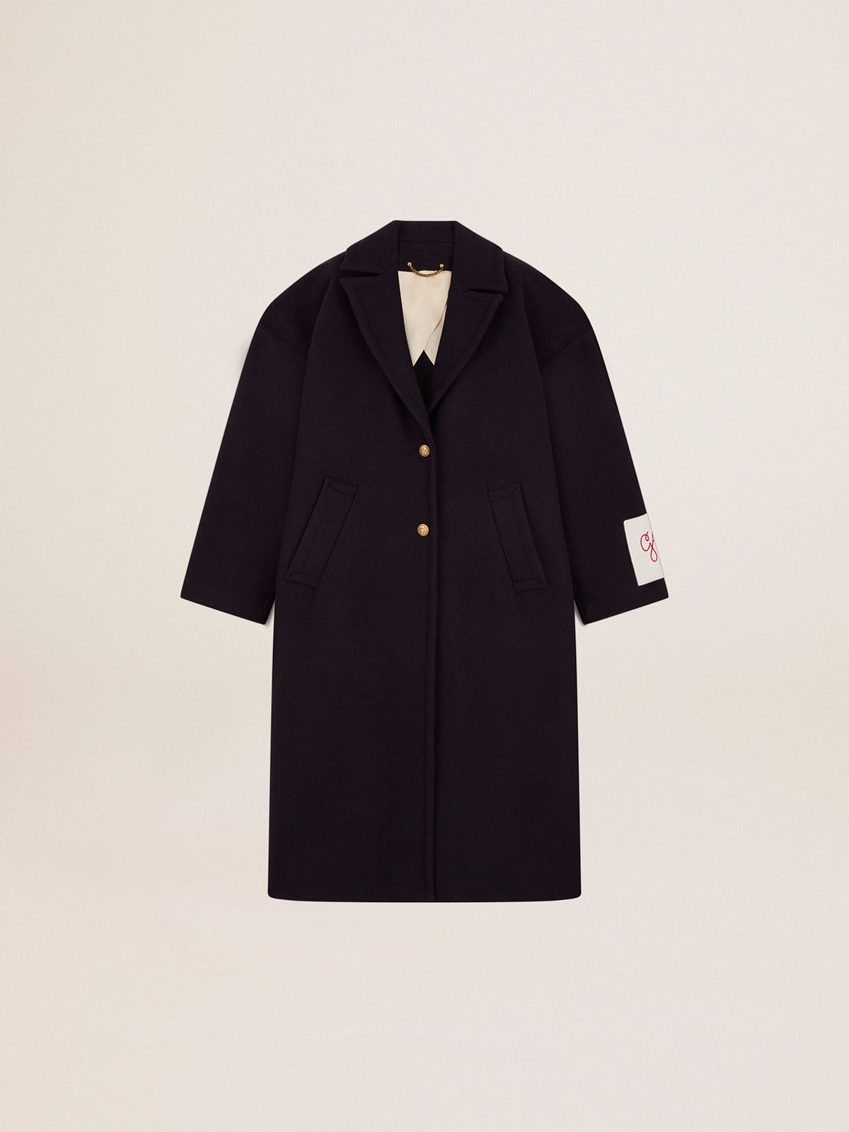 Single-breasted cocoon coat in dark blue wool with gold-colored buttons