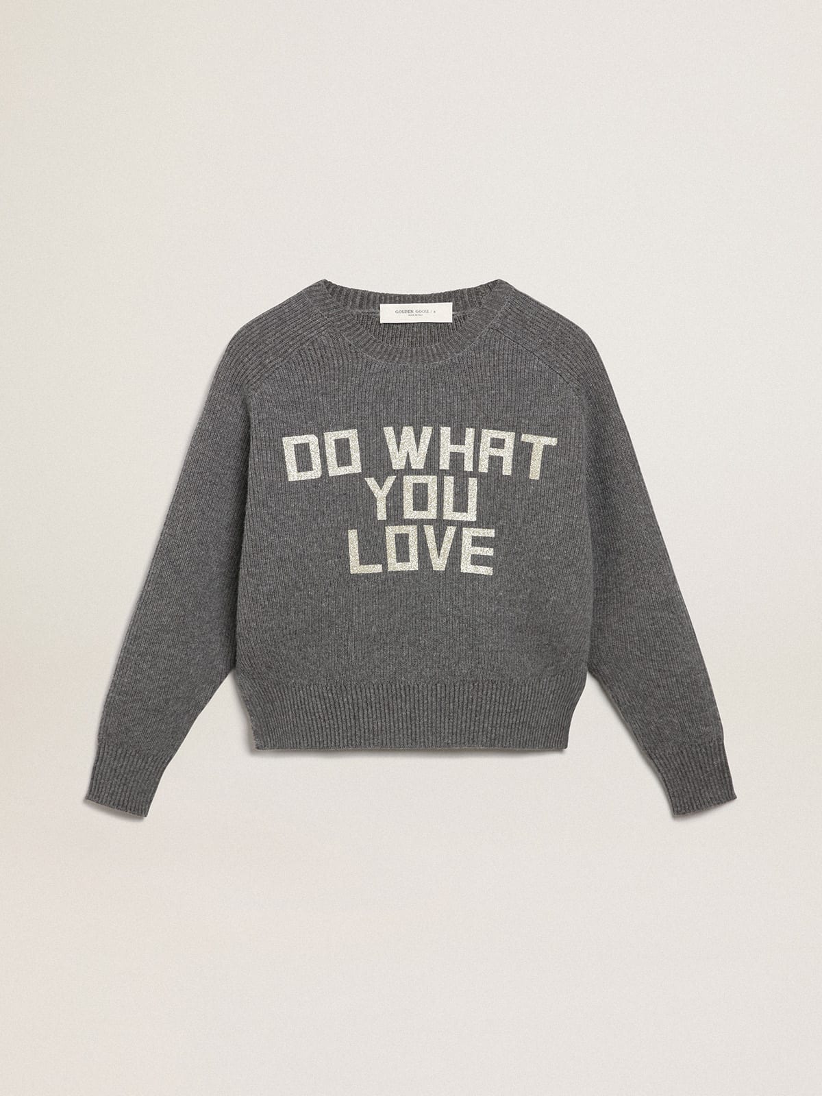 Melange-gray Journey Collection round-neck pullover with glitter lettering